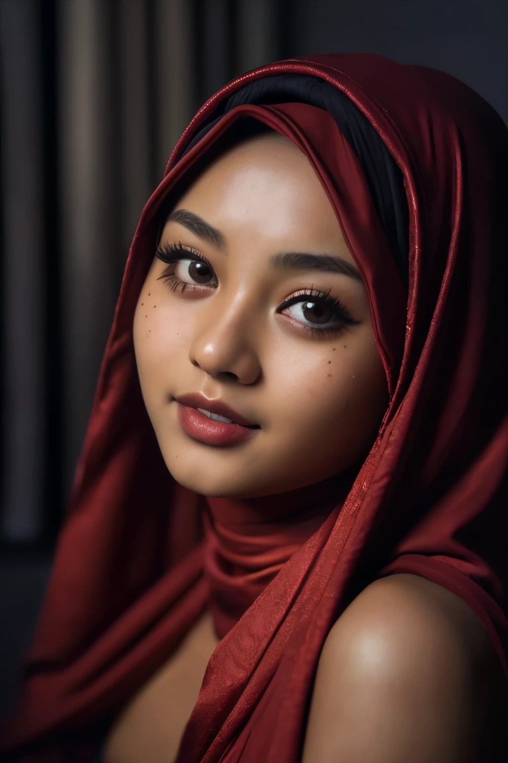 tzuyu, iu, yooa, space, Bellydancer, hijabi, sexy, cleavage, (close-up, editorial photograph of a 21 year old javanese hijabi), (highly detailed face:1.4) (smile:0.7) (background inside dark, moody, private study:1.3) POV, by lee jeffries, nikon d850, film stock photograph ,4 kodak portra 400 ,camera f1.6 lens ,rich colors ,hyper realistic ,lifelike texture, dramatic lighting , cinestill 800,