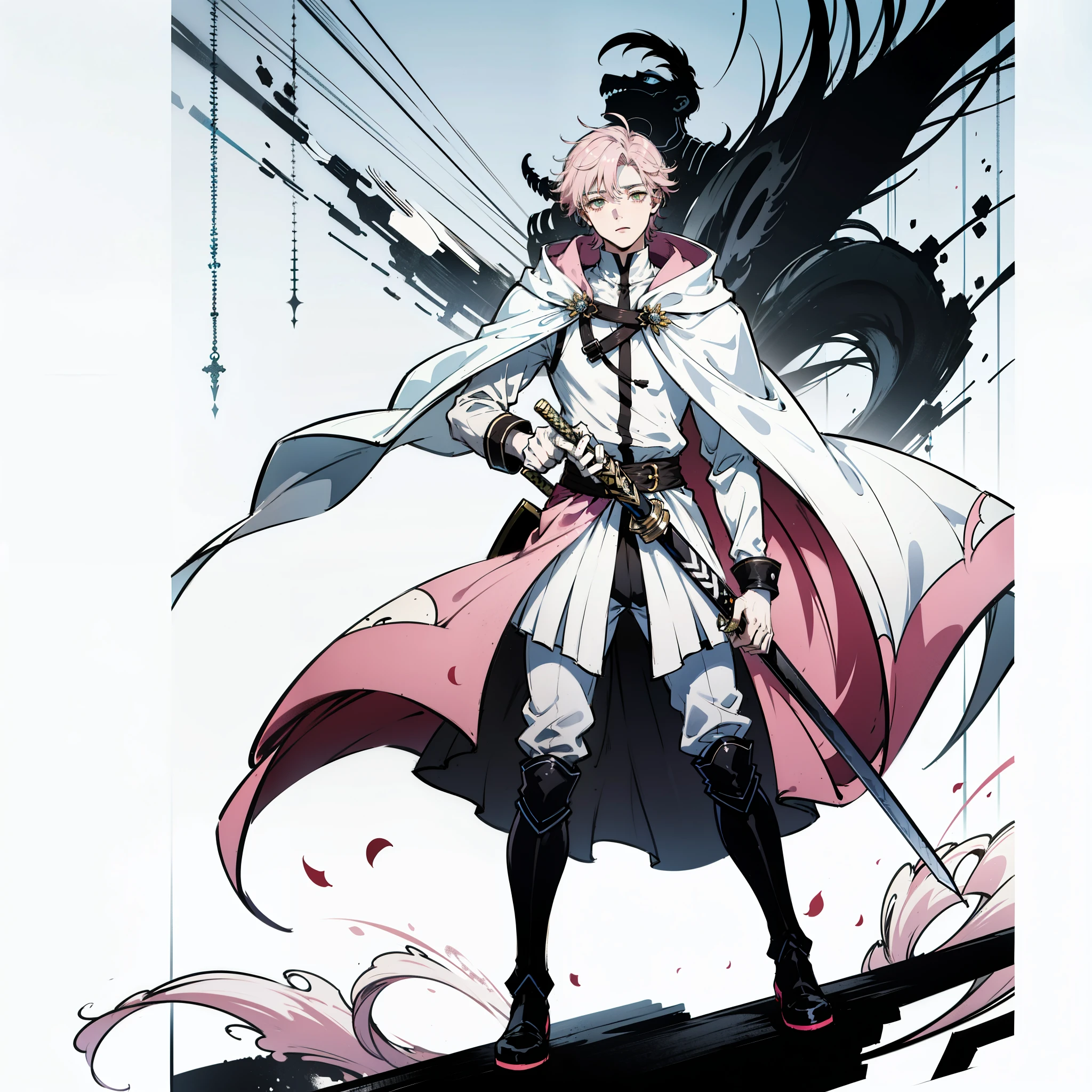 Seventeen-year-old boy，Handsome, fair skin, dark eyes, Height 172cm，light pink hair，M-shaped bangs，emerald eyes，white gray cloak，Carrying a sword on his back，The expression is grim , short hair,,Stand up straight，Hostile