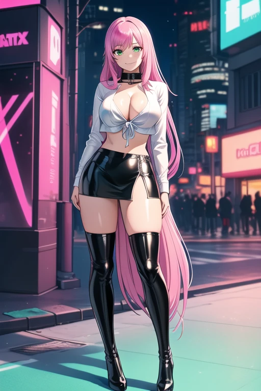 1 girl, 19 years old, Long pink hair, green eyes with slit pupils, master-piece, best quality, (standing up), (pink shirt), (long sleeve pink front-tie crop top, white leather pencil mini skirt, patent leather high heel boots, cleavage), (Big , ultra gigantic , Super super big, Glamorous body), Make eye contact with the camera, front figure, looking forward, (light_Smile:1.5), (Detailed hands and fingers:1.2) (Cyberpunk City), (FULL BODYSHOT), thighs thighs thighs thighs、beauty legs、