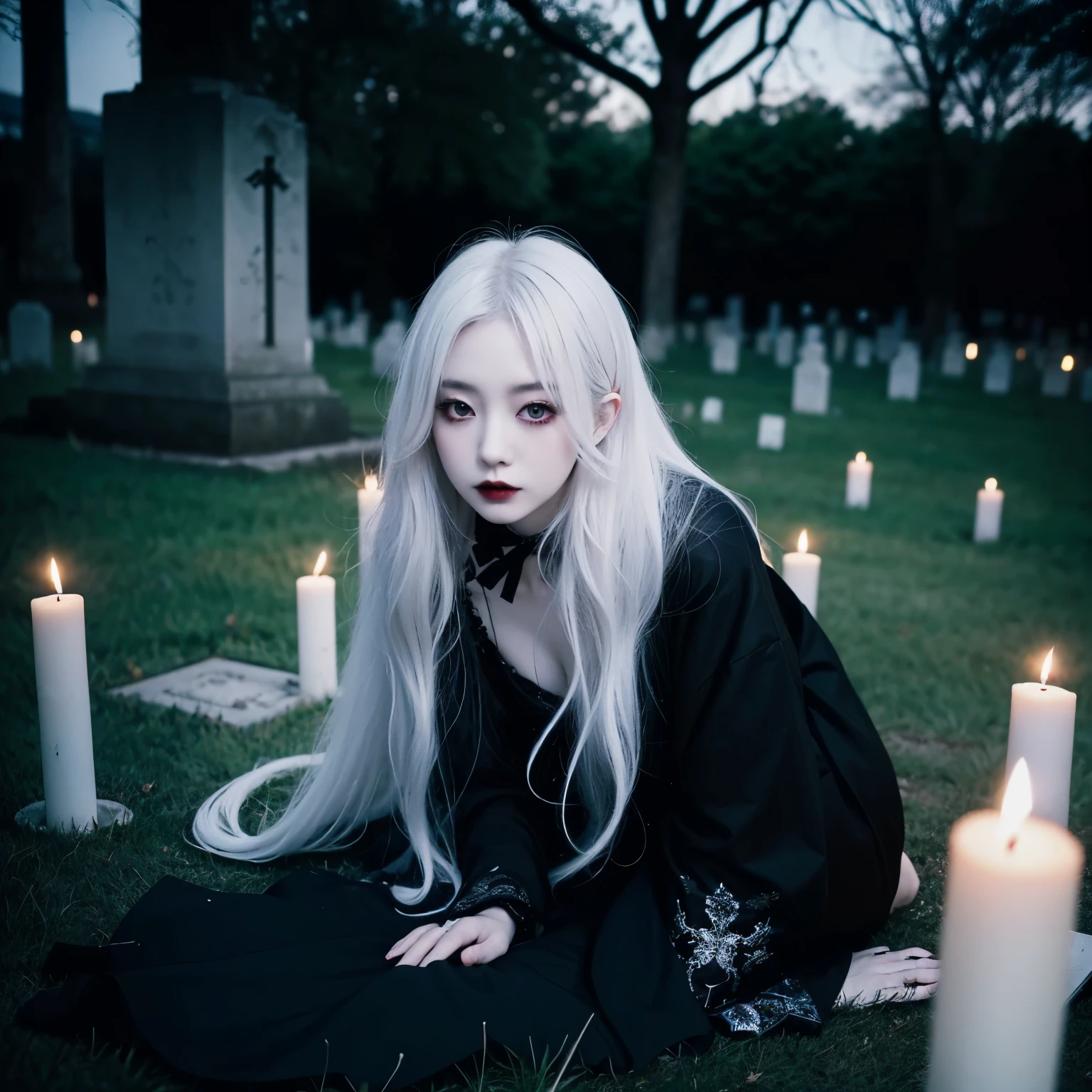 ((night scene)) ((top shoot angle)) A beautiful japanese gothic woman with long white hair and red eyes, pale face makeup, white pale lips, messy eye shadow makeup, lies on the ground in a cemetery. She is wearing a black gothic style dress. There are candles in the background.