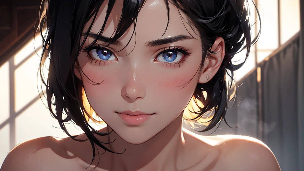 highly detailed, (SFW), portrait, 1 woman, black hair, nude, (perfect_Face), boundary, close up, mad, exist_Back, Gorgeous, complex, dramatic lighting, detailed_Background, full_Body, Best hair quality, Extra super detailed eyes, Extra high facial detail, side_body, eye reflection, focus on eyes, detailed top eyelashes, high textured skin, (low exposure:1.2), in bed, (after doing something:1.4), (sweat), (steam), (tired), heavy breathing, Smile, (light blush), temptation, flirtatious look, atmospheric perspective, caustics, 8K, masterpiece