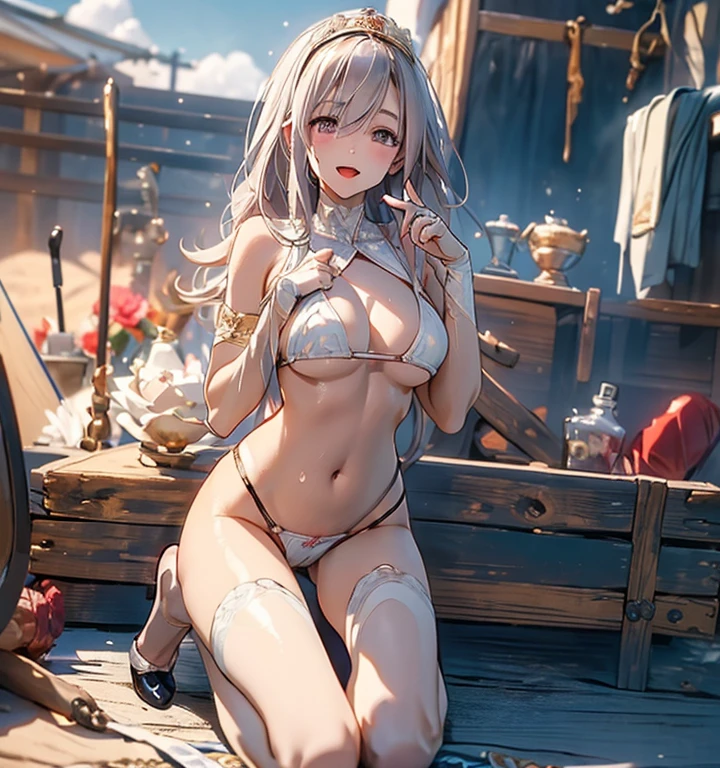 (masterpiece:1.2, best quality), (finely detailed beautiful eyes: 1.2), ((1girl)), ((solo)), (finely detailed eyes and detailed face:1.3), (scenery:1.2), (extremely detailed CG, ultra-detailed, best shadow:1.1), ((depth of field)), beautiful concept illustration, (illustration:1.1), (extremely fine and beautiful:1.1), (perfect details:1.1), ((undressing in front of an viewer, erotically standing on knee, capturing the moment when her clothes are lowered and she caresses herself, caressing breast or erotically licking her finger, while caresiing close eyes, open mouth or parted lips)) White skin that emphasizes transparency, crisp eye makeup, ruddy blush, thick natural parallel eyebrows, Light brown hair, long hair, soft curly hair, smile, wet skin, sweat, Floral bikini swimsuit, o-ring bikini, beautiful sky, beautiful sea, cloud, sun light, sitting, summer, beach, lens flare, shining, aureole mesmerizing eyes, luscious lips, shadowplay emphasizing beauty, artistic composition. (best quality, highres, masterpiece:1.2), ultra-detailed, (realistic:1.37) illustration, erotic style, soft lighting, sweat glistening on her body, gentle warmth, dark and mysterious, small breast,narrow waist,(with sparkling eyes and a contagious smile),her thin pubic hair,