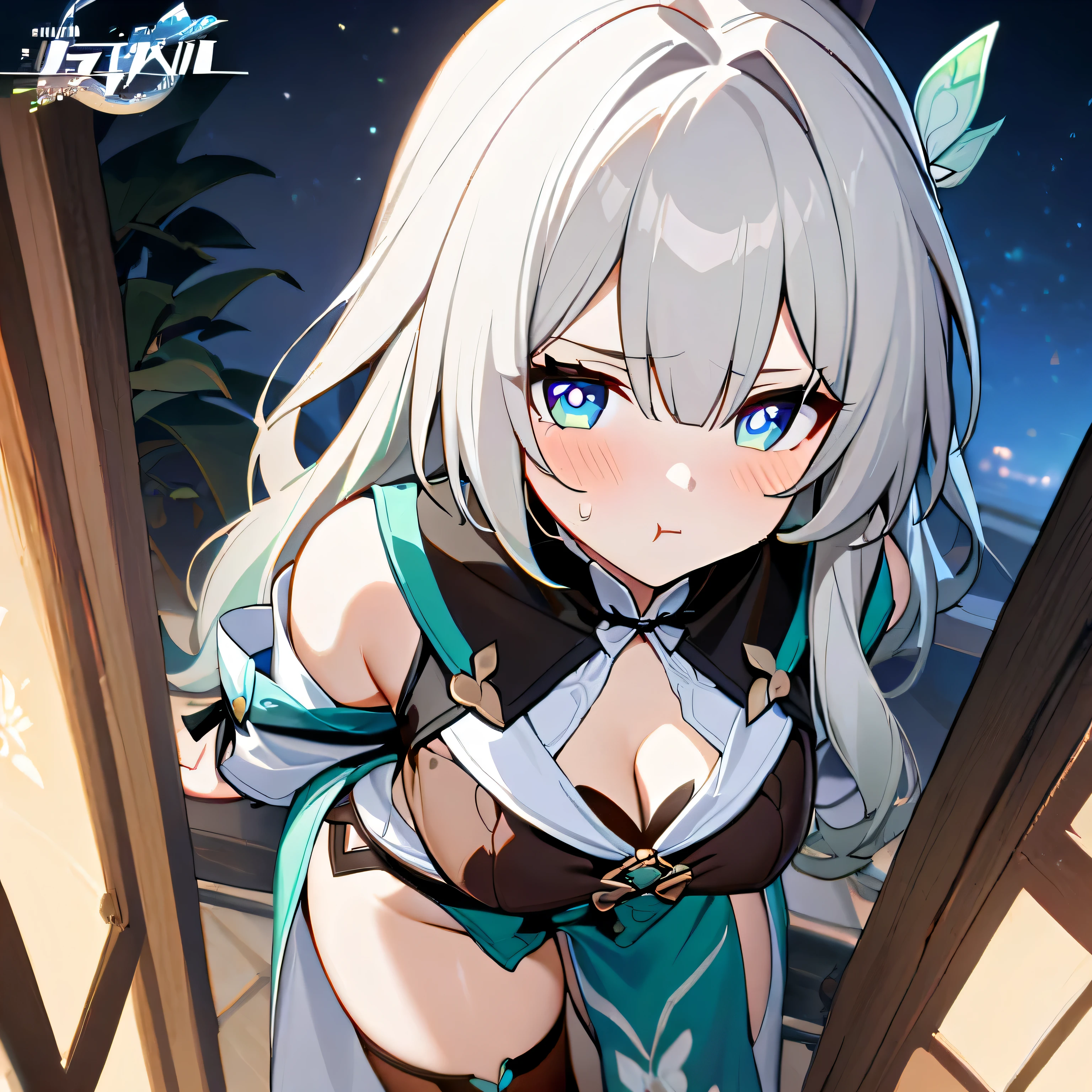 1girl,Firefly, firefly (honkai: star rail),white hair,pout,blush,(spread tops clothes down:1.3),(chinese_clothes:1.5),cleavage,sweat,standing,thighhighs,looking_at_viewer,outdoors,night_sky,masterpiece,best quality,from_above,