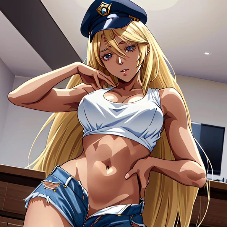 1 beautiful blonde woman, long hair, height 8, nice body, beautiful anime face, super high resolution, masterpiece, super detail, ecstatic face, black police hat, white tank top, transparent breasts, visible belly button, sexy pose, torn denim shorts, crotch emphasis, touching crotch, only one person in the room