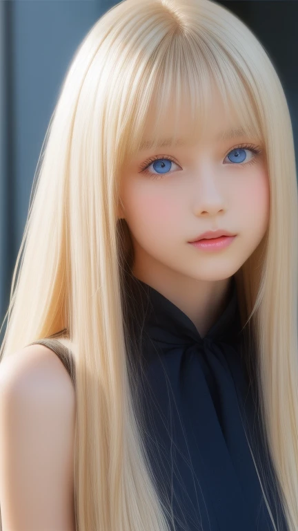 Portrait、、bright look、ponytail、Young, shiny, white, glossy skin、best beauty、blonde reflection、Platinum blonde hair with dazzling highlights、shiny bright hair,、super long silky straight hair、Shining beautiful bangs、Sparkling clear and charming big blue eyes、very beautiful lovely cute 16 year old girl、rich bust