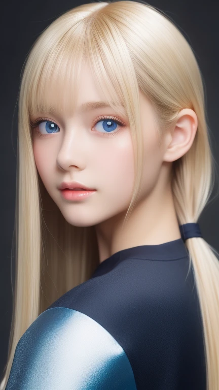 Portrait、、bright look、ponytail、Young, shiny, white, glossy skin、best beauty、blonde reflection、Platinum blonde hair with dazzling highlights、shiny bright hair,、super long silky straight hair、Shining beautiful bangs、Sparkling clear and charming big blue eyes、very beautiful lovely cute 16 year old girl、rich bust