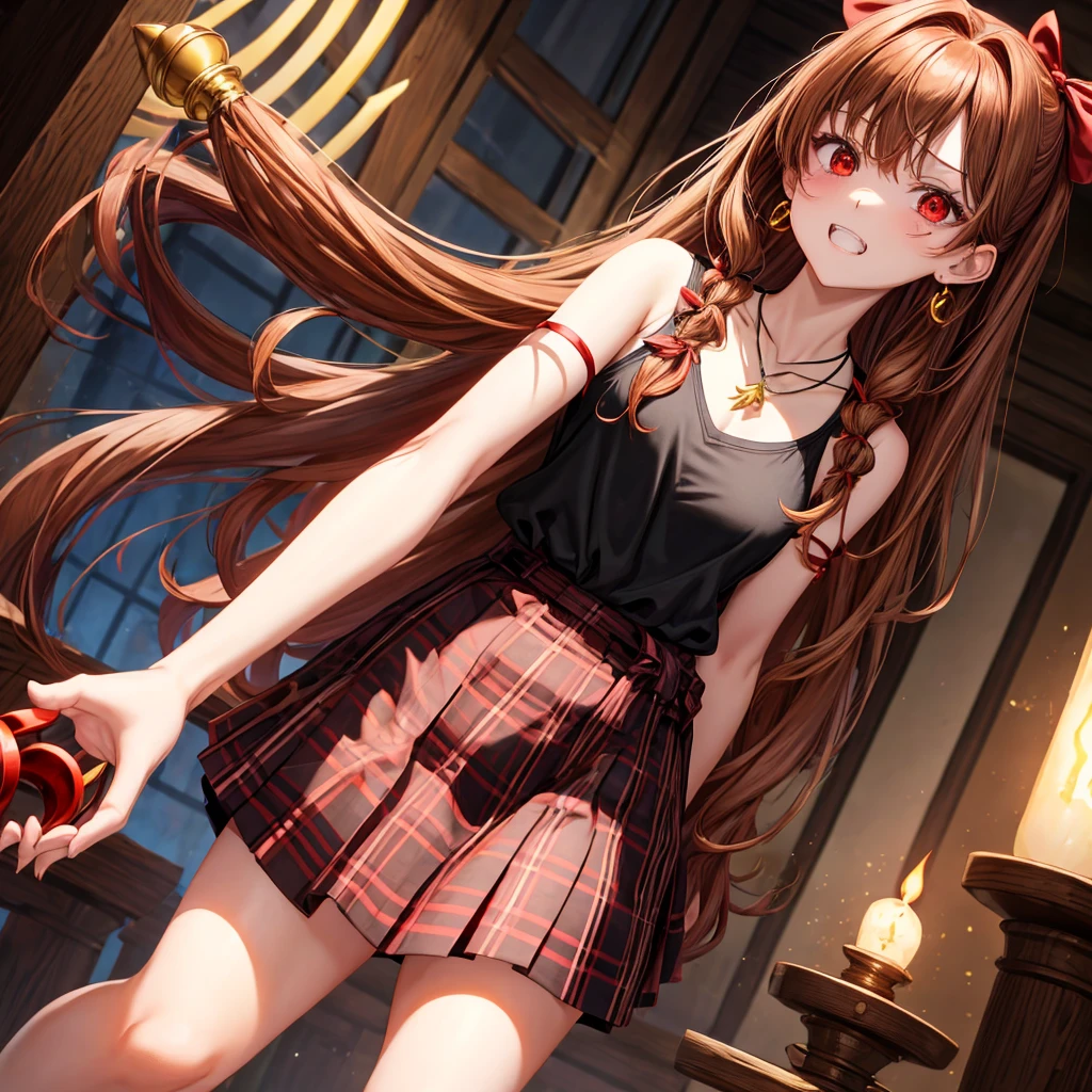 reddish-brown golden hair、red eyes、one good looking girl、solo、anime、plaid mini skirt、black camisole、black t-shirt、dress、wearing a ribbon、ribbon at waist、crystal earrings、jewelry necklace、Light and shadow、tilting one's face、teeth are visible、pillar、torches、evil looking face
