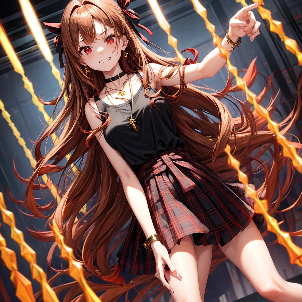 reddish-brown golden hair、red eyes、one good looking girl、solo、anime、plaid mini skirt、black camisole、black t-shirt、dress、wearing a ribbon、ribbon at waist、crystal earrings、jewelry necklace、Light and shadow、tilting one&#39;s face、teeth are visible、pillar、torches、evil looking face