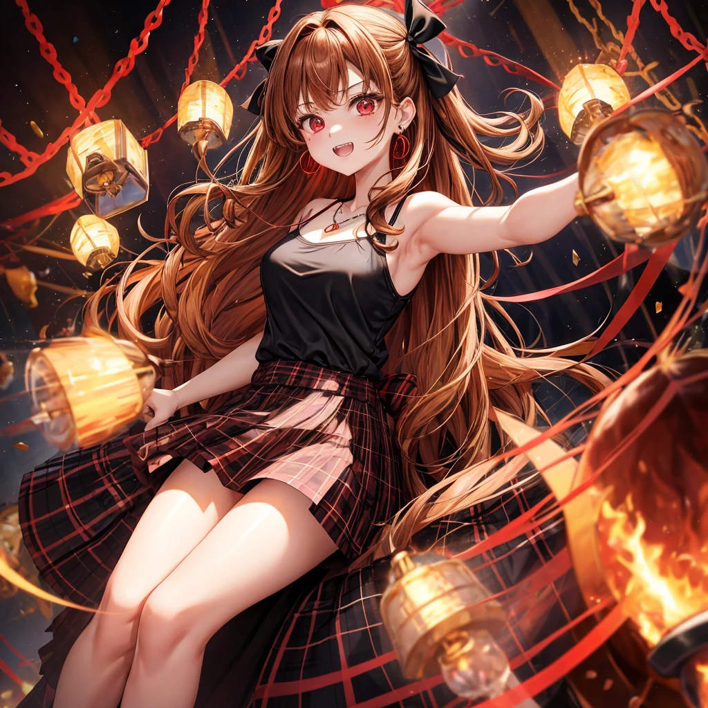 reddish-brown golden hair、red eyes、one good looking girl、solo、anime、plaid mini skirt、black camisole、black t-shirt、dress、wearing a ribbon、ribbon at waist、crystal earrings、jewelry necklace、Light and shadow、tilting one's face、teeth are visible、pillar、torches、evil looking face
