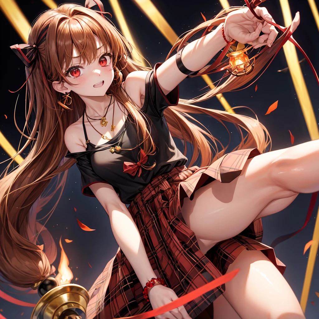 reddish-brown golden hair、red eyes、one good looking girl、solo、anime、plaid mini skirt、black camisole、black t-shirt、dress、wearing a ribbon、ribbon at waist、crystal earrings、jewelry necklace、Light and shadow、tilting one's face、teeth are visible、pillar、torches、evil looking face