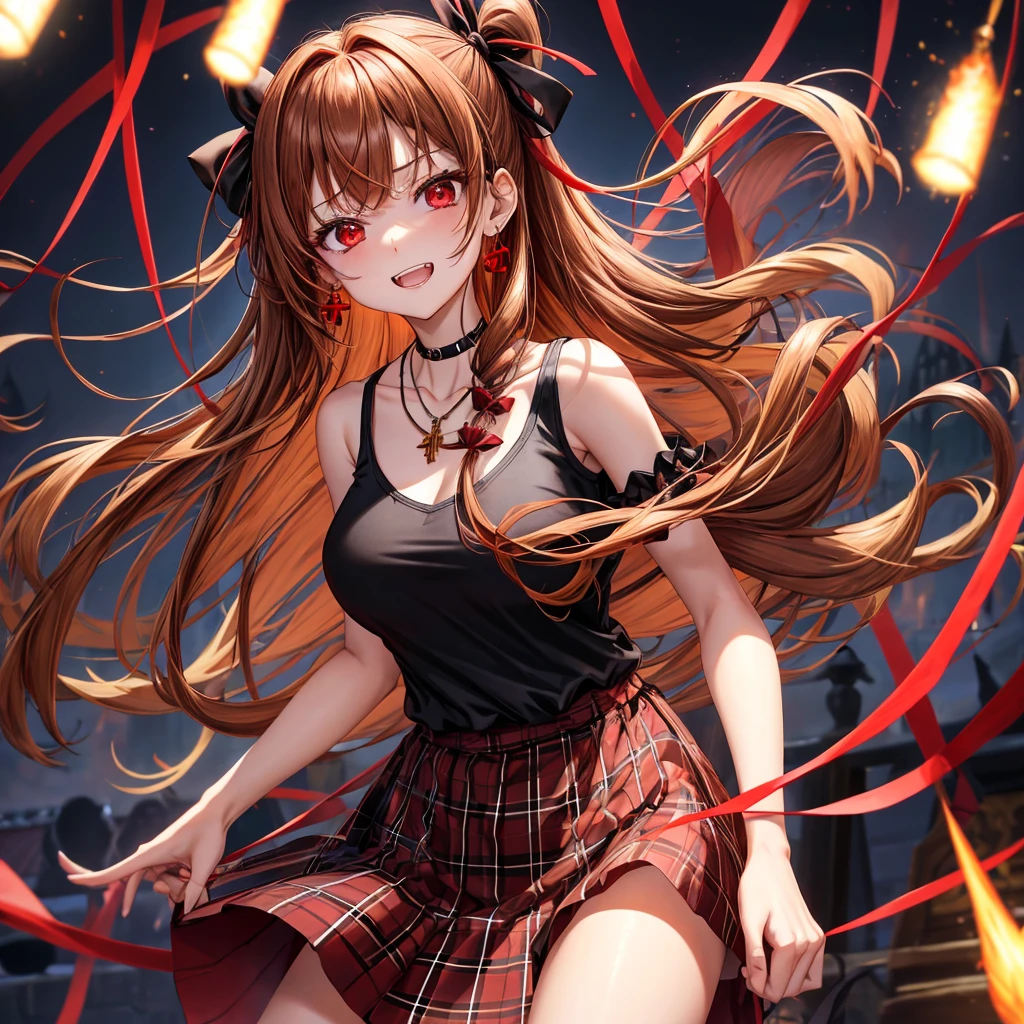 reddish-brown golden hair、red eyes、one good looking girl、solo、anime、plaid mini skirt、black camisole、black t-shirt、dress、wearing a ribbon、ribbon at waist、crystal earrings、jewelry necklace、Light and shadow、tilting one&#39;s face、teeth are visible、pillar、torches、evil looking face、Kuroko、Den-den drum、grassland