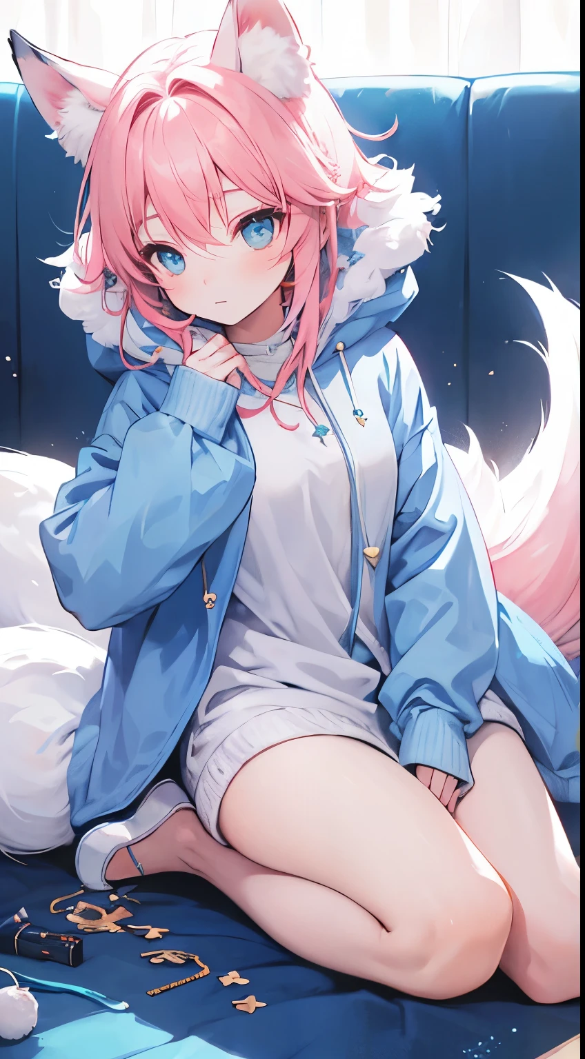 NSFW,Very beautiful and shining eyes、shining eyes、1 girl、small breasts、big mouth、high school girl、small breasts、Cat ear、Transparent pink short hair、scarf、hot pants、Near future、neon、