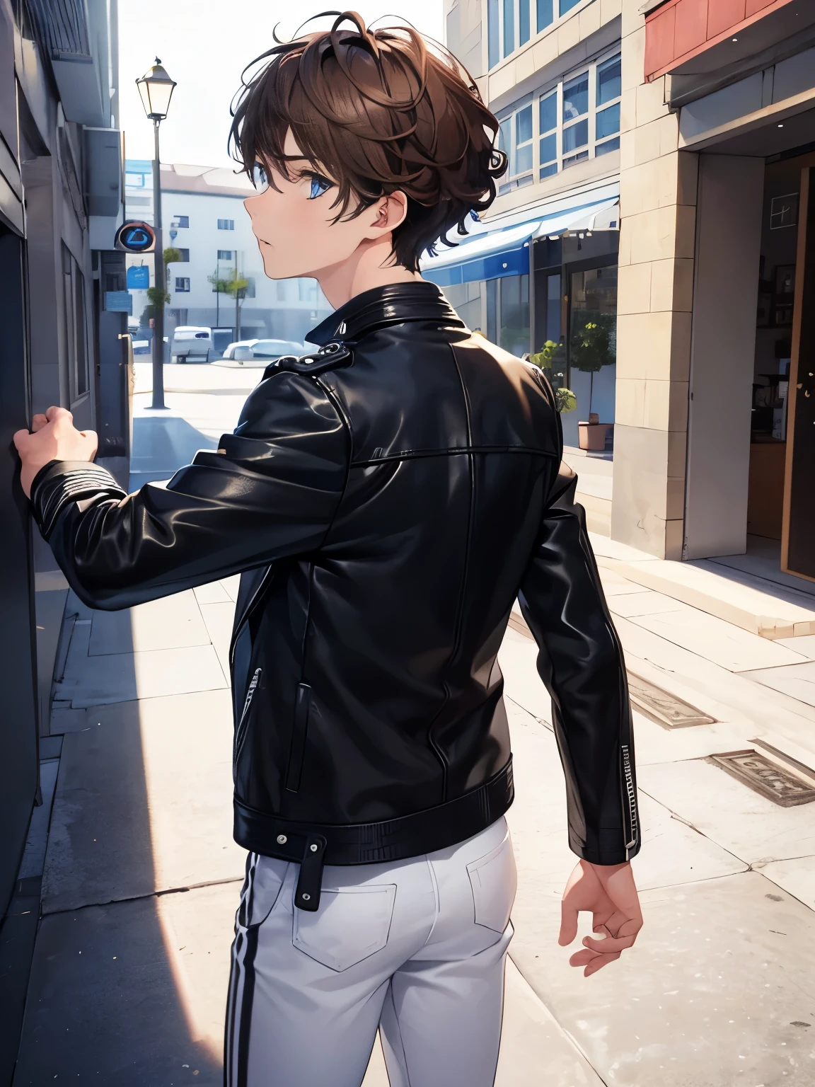 1boy,guy,standing,Facing backwards, Photo from behind, camera angle from behind,shocked expression, surprised expression,,blue eyes,half body photo,18 years old,Curly hair,medium hair,undercut hairstyle,light brown hair,black jacket,Leather jacket,white t-shirt,white trousers,morning,ultra detail,masterpiece
