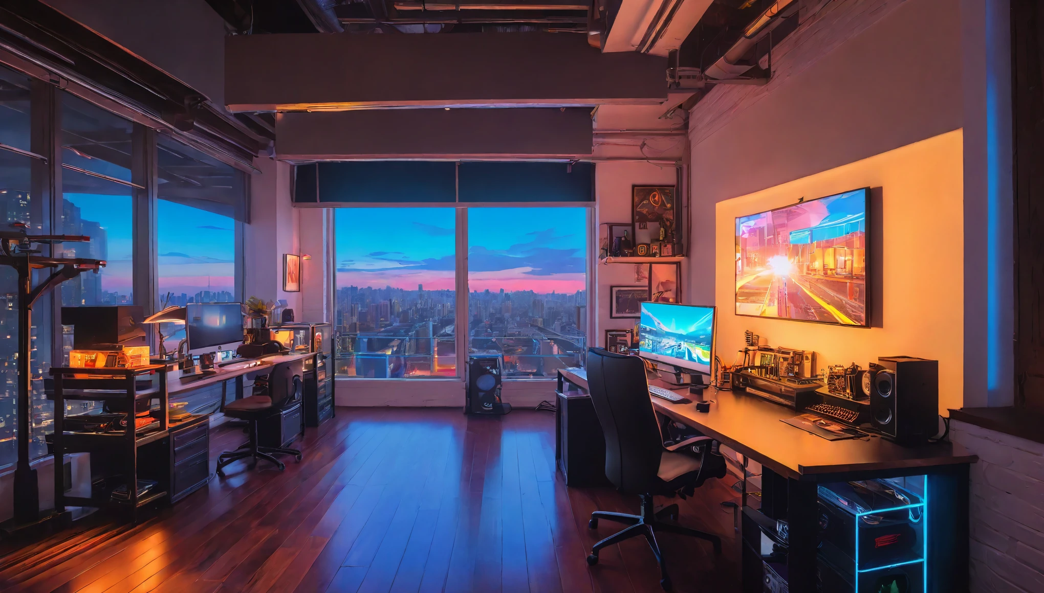 Broad field of view，Animation designer&#39;s workstation in a cozy loft，Just one，Floor-to-ceiling glass offers stunning dreamy city views，Soft neon lights，New punk style,WLOP,Anime illustration style，Warm sunlight，Complex and detailed painting style，high detail，4K,8K,excellent work，Award-winning photography，laid back