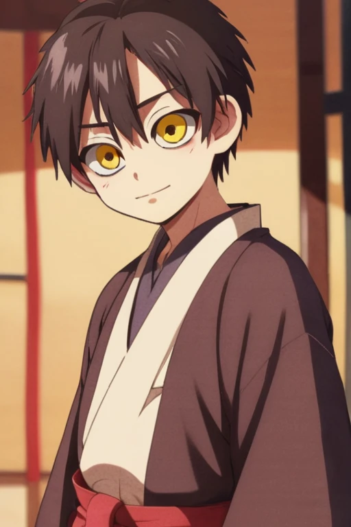 1 boy,
Masterpiece, Ultra details,
Tsukasa, alone, look at viewer, Widespread evil ridicule , black hair,  , yellow eyes,  stand, Whole body, have, kimono, Tall, Age 15, Shy
