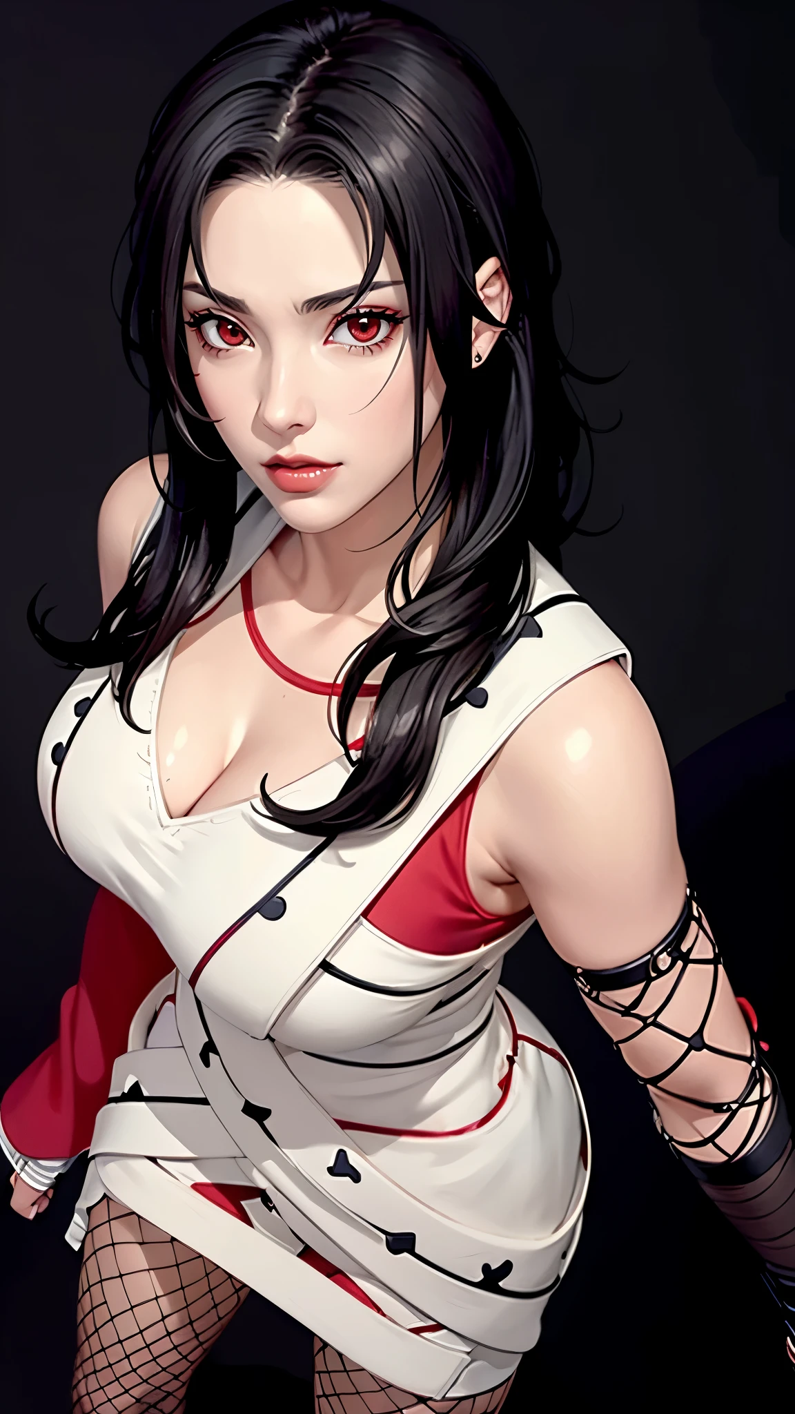 （（（完美figure，figure，forehead protector，bandaged hand，konohagakure symbol，fishnets，Red single sleeve，White striped clothes，（（（Kurenai Yuhi, black hair, red eyes,  long hair,makeup，red eyes，lipstick，）））型figure:1.7））），((masterpiece)),high resolution, ((Best quality at best))，masterpiece，quality，Best quality，（（（ Exquisite facial features，looking at the audience,There is light in the eyes，Happy，lol））），（（（Interlacing of light and shadow，huge boobs））），（（（looking into camera，black background，looking at viewer
standing
from above）））