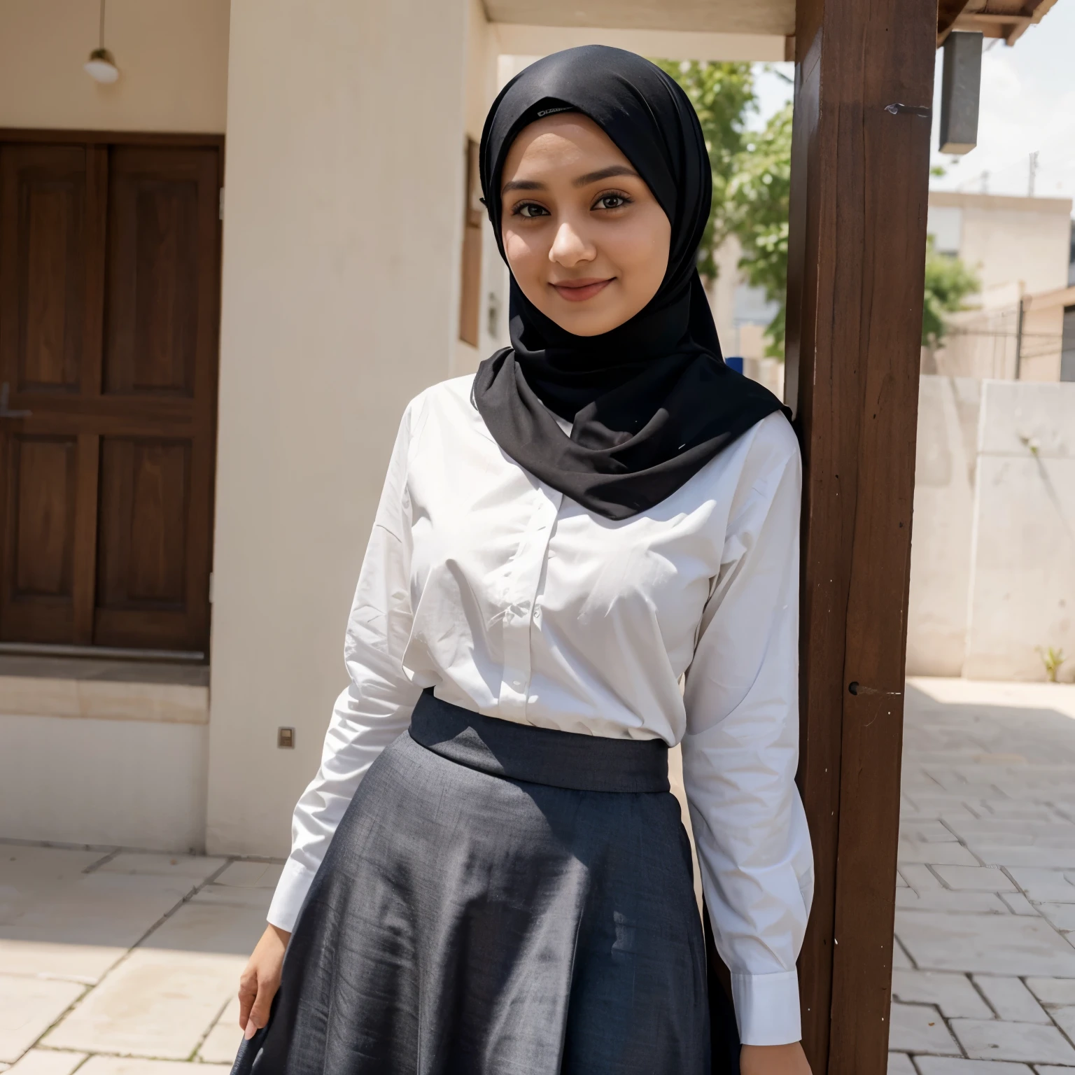 A sweet hijabi girl with dimple wearing a shirt and long skirt