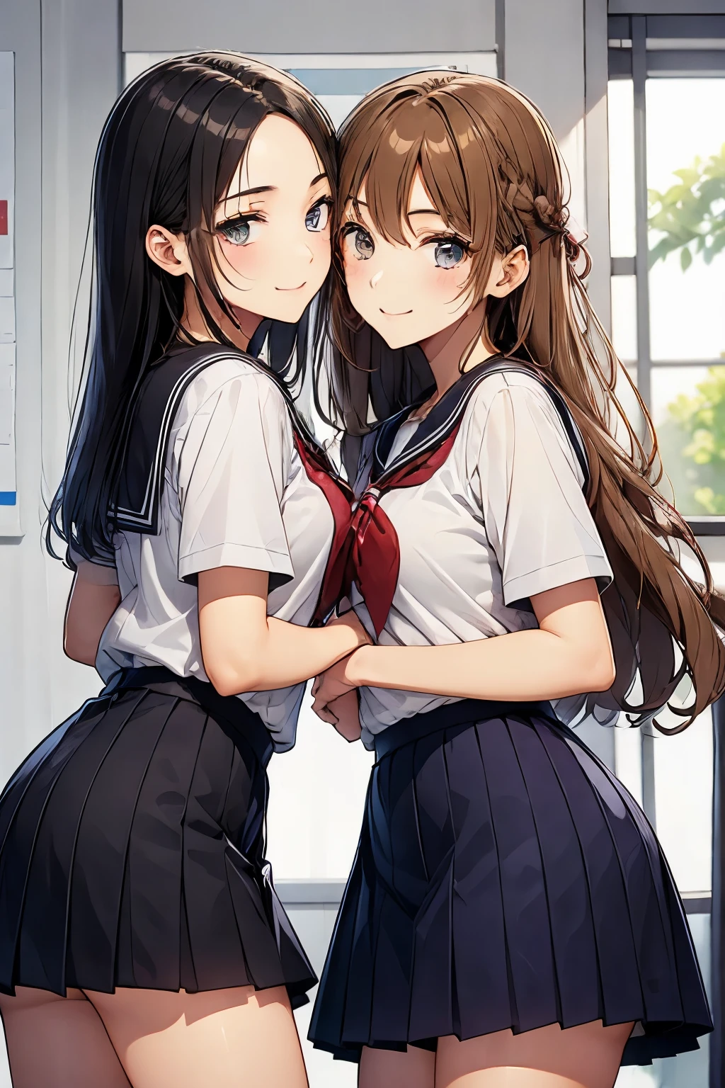 Two high school girls kissing、seductive smile、classroom