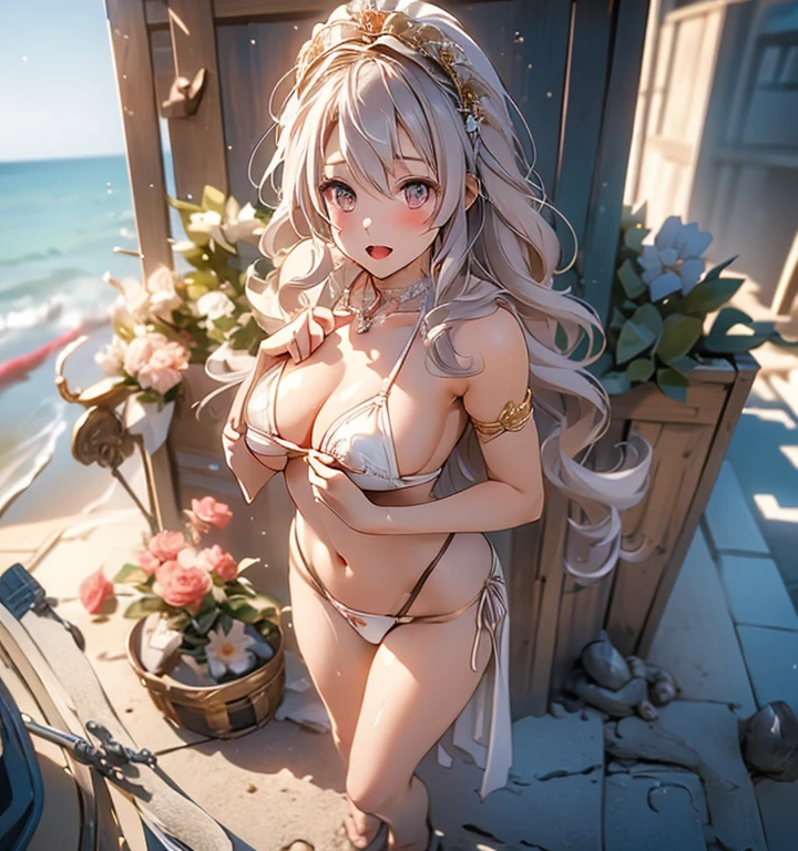 (masterpiece:1.2, best quality), (finely detailed beautiful eyes: 1.2), ((1girl)), ((solo)), (finely detailed eyes and detailed face:1.3), (scenery:1.2), (extremely detailed CG, ultra-detailed, best shadow:1.1), ((depth of field)), beautiful concept illustration, (illustration:1.1), (extremely fine and beautiful:1.1), (perfect details:1.1), ((undressing in front of an viewer, erotically standing on knee, capturing the moment when her clothes are lowered and she caresses herself, caressing breast or erotically licking her finger, while caresiing close eyes, open mouth or parted lips)) White skin that emphasizes transparency, crisp eye makeup, ruddy blush, thick natural parallel eyebrows, Light brown hair, long hair, soft curly hair, smile, wet skin, sweat, Floral bikini swimsuit, o-ring bikini, beautiful sky, beautiful sea, cloud, sun light, sitting, summer, beach, lens flare, shining, aureole mesmerizing eyes, luscious lips, shadowplay emphasizing beauty, artistic composition. (best quality, highres, masterpiece:1.2), ultra-detailed, (realistic:1.37) illustration, erotic style, soft lighting, sweat glistening on her body, gentle warmth, dark and mysterious, small breast,narrow waist,(with sparkling eyes and a contagious smile),her thin pubic hair,