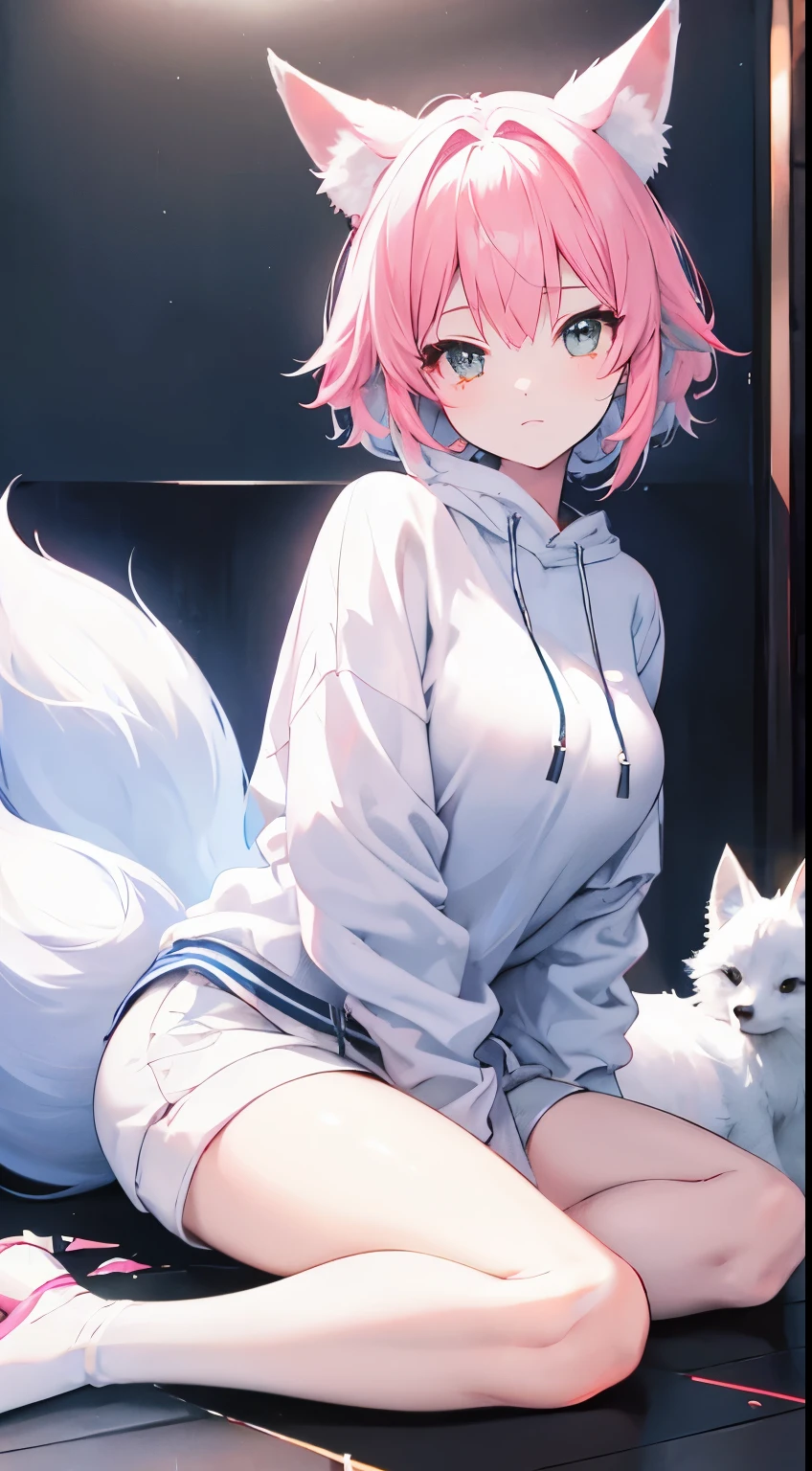 Fox King's Sister,fox ears,Big tail blue fox,one with pink hair,underwear,,sitting,open legs,transparent,soaking wet,camel toe