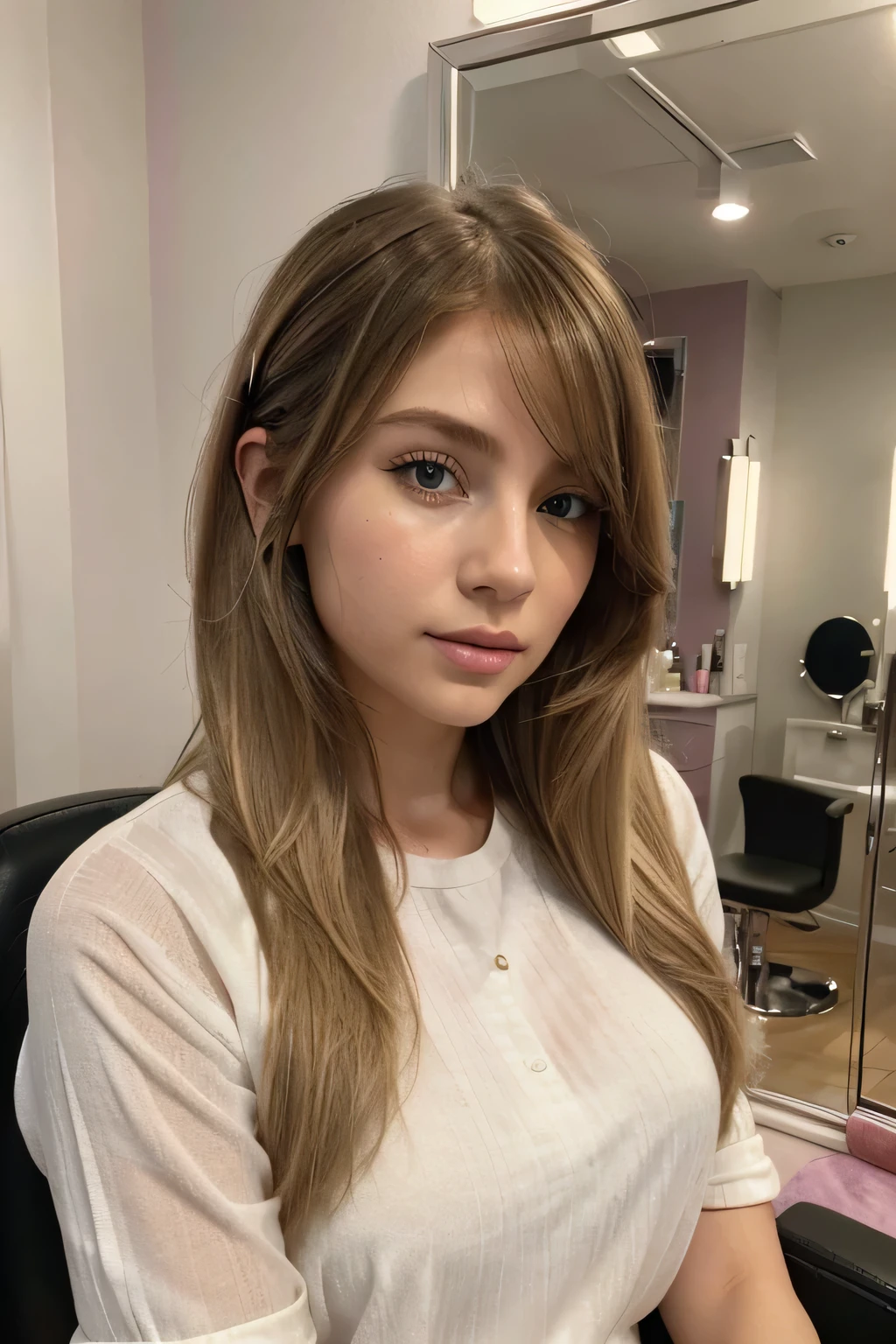 (best quality,4k,8k,highres,masterpiece:1.2), ultra-detailed, realistic:1.37, portrait, color tone: pastel, soft, gentle, studio lighting, blonde girl with blonde hair , beautiful detailed eyes, beautiful detailed lips, long eyelashes, daily outfit, fashionable clothes, trendy hairstyle, sitting in a chair, hairdresser, mirror reflection, hair tools, scissors, hairdryer, hairbrush, hair color options, hair dyeing process, hair stylist attentively working, stylish salon decor, comfortable environment.