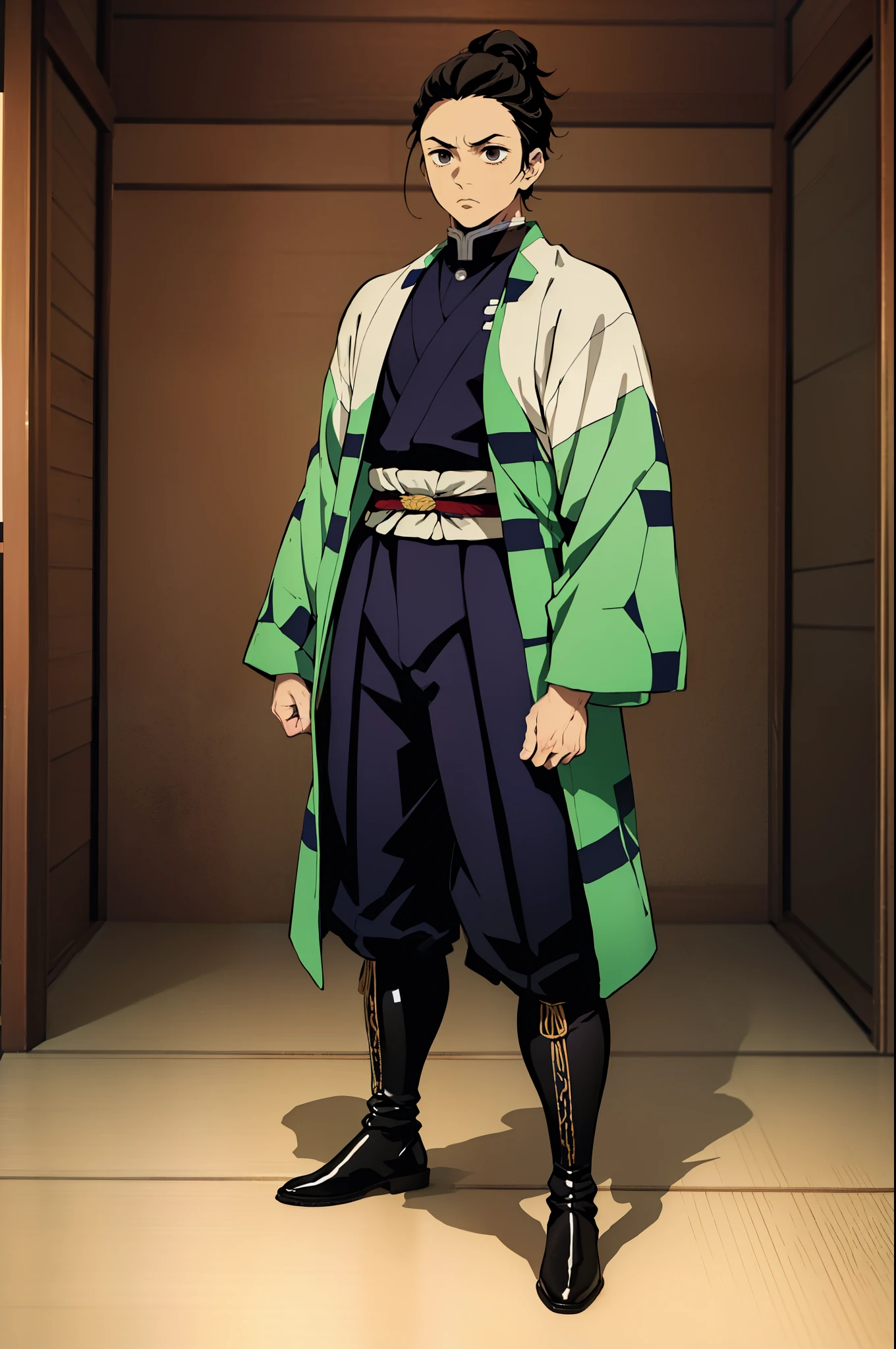 (masterpiece, best quality:1.2), kimetsu no yaiba style, kamado tanjiro, (1man, solo), 25years old, (full body, front view), open stance, (Imperial Japanese army uniform, restricted cap, military boots), holding military sword, black short hair, serious expression