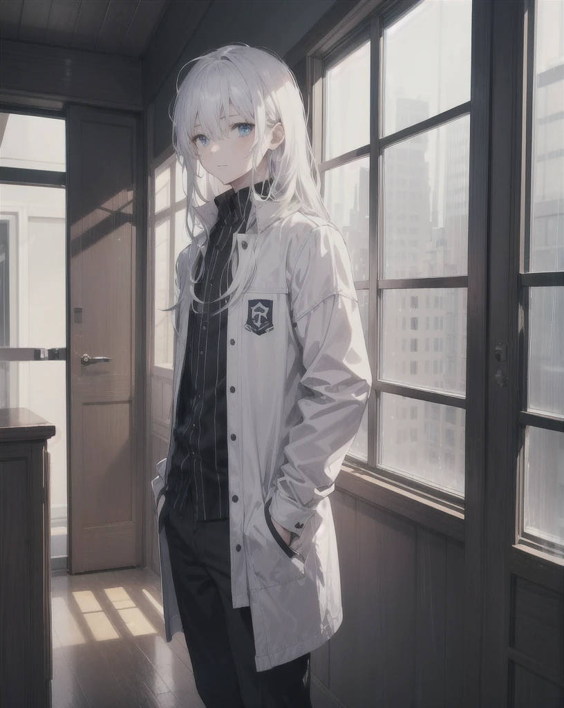 young boy,man,long hair,white hair,blue eyes,Standing in the house looking out the window when it was raining.,realistic,4k,charming,very detailed,thin,