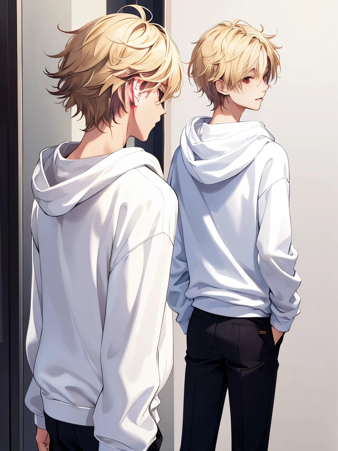 1 boy, guy, handsome, 18 years old, close up photo, standing,Facing backwards, photo from behind, camera angle from behind, Short hair,blonde hair, messy hair, handsome,white hoodie,black trousers,red eyes, vampire, ultra detail, ultra HD, masterpiece, best quality