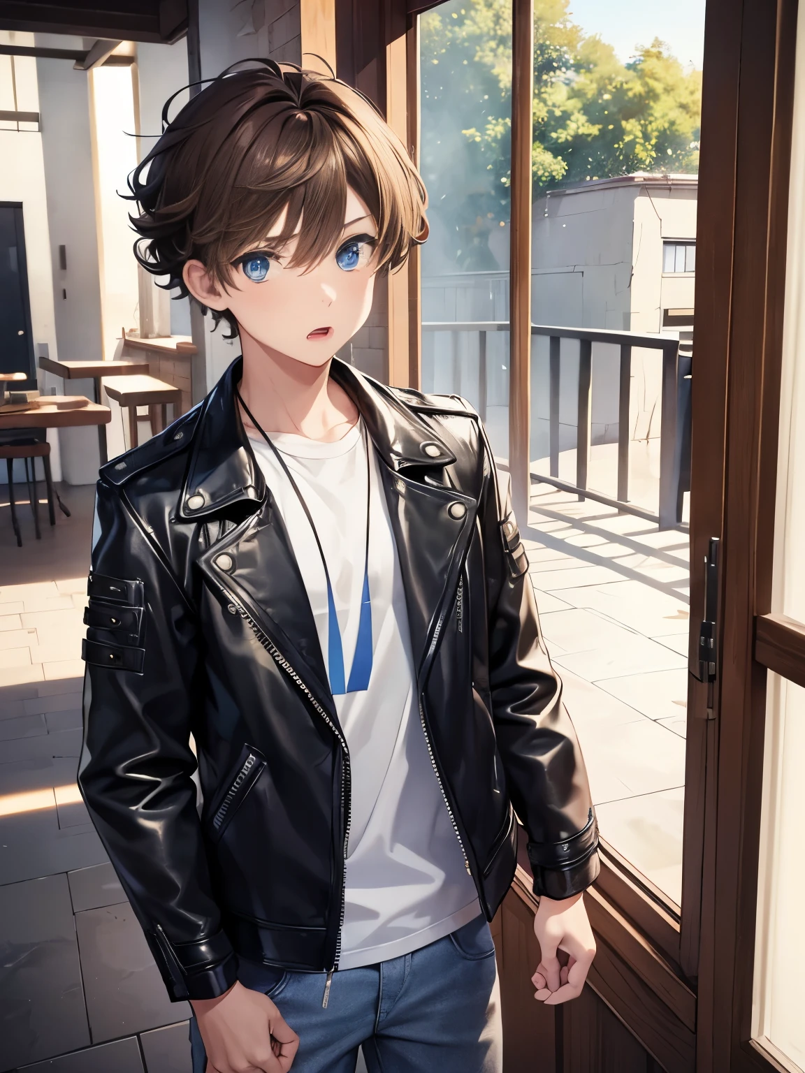 1boy,guy,standing,Facing backwards,shocked expression, surprised expression,,blue eyes,half body photo,18 years old,Curly hair,medium hair,undercut hairstyle,light brown hair,black jacket,Leather jacket,white t-shirt,white trousers,morning,ultra detail,masterpiece