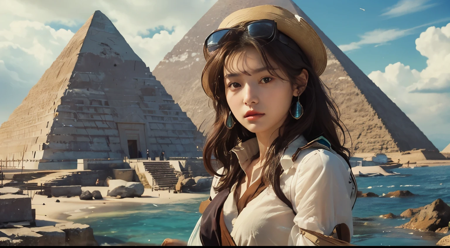 A beautiful woman. Dark brown hair. Twenty years old. She is looking at the camera with a serious expression. She is dressed as an archaeologist. In her background, there is a pyramid made of crystal that has sunk into the sea.