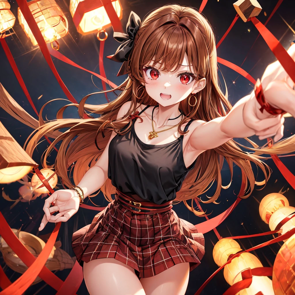 reddish-brown golden hair、red eyes、one good looking girl、solo、anime、plaid mini skirt、black camisole、black t-shirt、dress、wearing a ribbon、ribbon at waist、crystal earrings、jewelry necklace、Light and shadow、tilting one&#39;s face、teeth are visible、pillar、torches、evil looking face