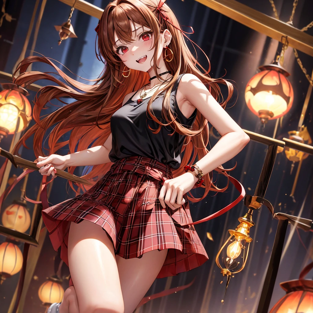 reddish-brown golden hair、red eyes、one good looking girl、solo、anime、plaid mini skirt、black camisole、black t-shirt、dress、wearing a ribbon、ribbon at waist、crystal earrings、jewelry necklace、Light and shadow、tilting one's face、teeth are visible、pillar、torches、evil looking face