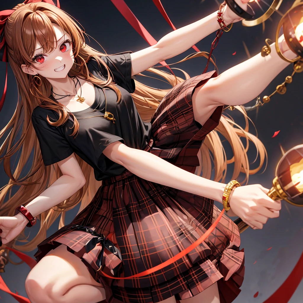 reddish-brown golden hair、red eyes、one good looking girl、solo、anime、plaid mini skirt、black camisole、black t-shirt、dress、wearing a ribbon、ribbon at waist、crystal earrings、jewelry necklace、Light and shadow、tilting one's face、teeth are visible、pillar、torches、evil looking face