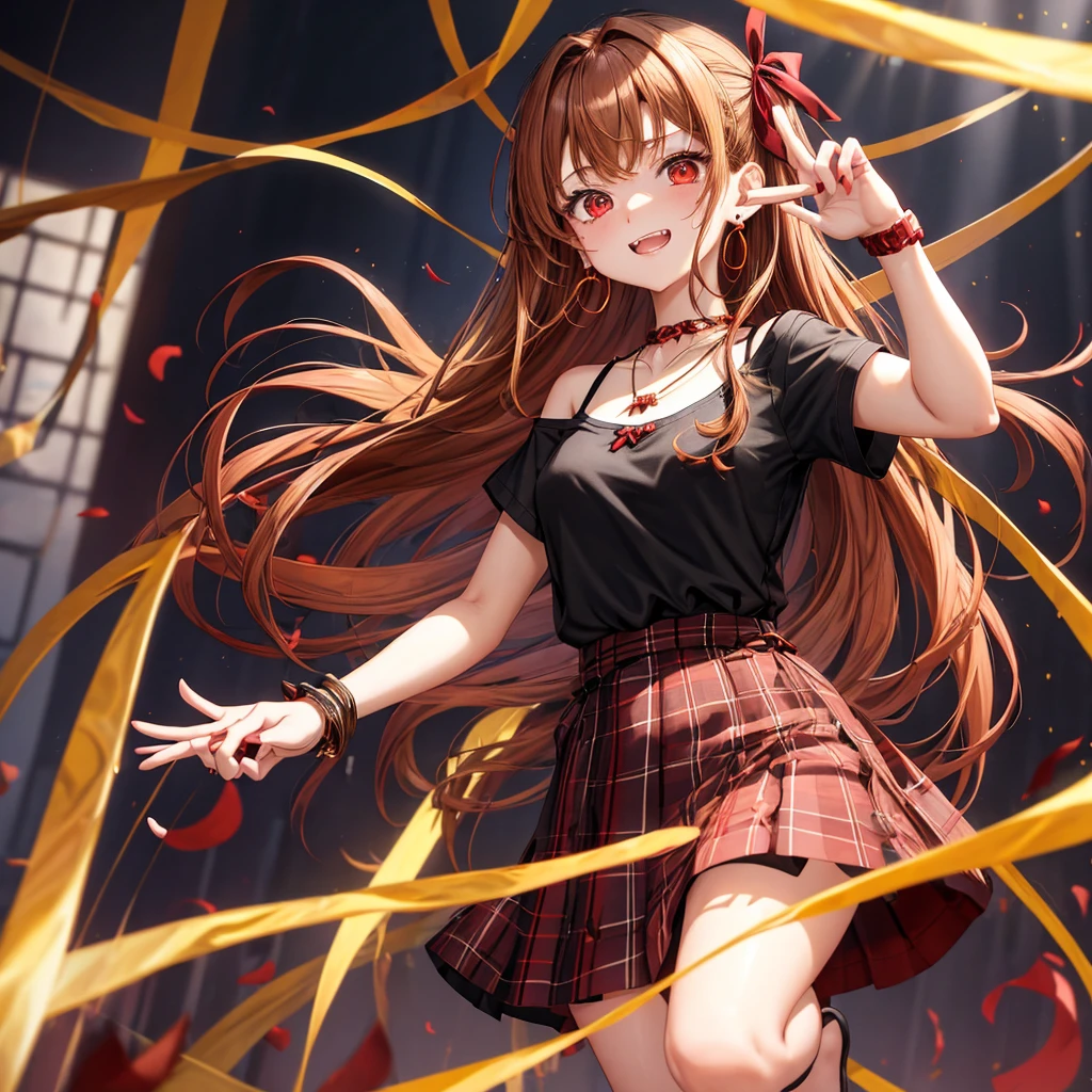 reddish-brown golden hair、red eyes、one good looking girl、solo、anime、plaid mini skirt、black camisole、black t-shirt、dress、wearing a ribbon、ribbon at waist、crystal earrings、jewelry necklace、Light and shadow、tilting one&#39;s face、teeth are visible、pillar、torches、evil looking face