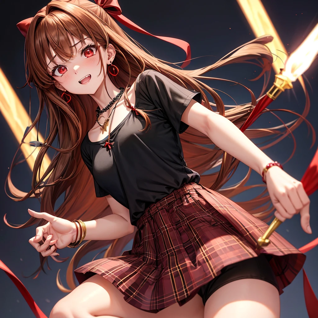 reddish-brown golden hair、red eyes、one good looking girl、solo、anime、plaid mini skirt、black camisole、black t-shirt、dress、wearing a ribbon、ribbon at waist、crystal earrings、jewelry necklace、Light and shadow、tilting one&#39;s face、teeth are visible、pillar、torches、evil looking face