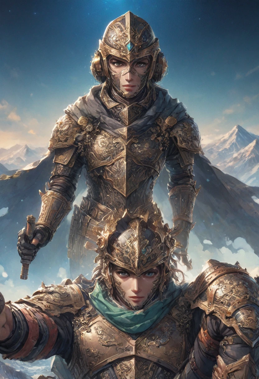 boy, emperor, in armor, holding a long sword, stood on the mountaintop. His gaze was firm, gazing into the distance. The background is magnificent mountains and fluttering flags, Realistic, (masterpiece, best quality, perfect composition, very aesthetic, absurdres, ultra-detailed, intricate details, Professional, official art, Representative work:1.3), (Animagine:0.01)