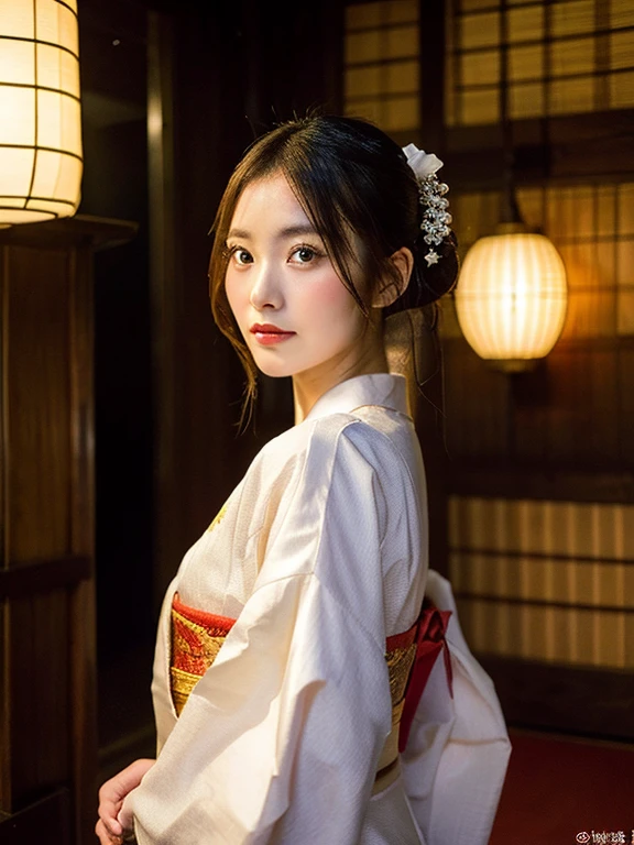 (8k, RAW photo, best quality, perfect anatomy, masterpiece:1.2), (realistic, photo-realistic:1.4), (extremely detailed 8k wallpaper), sharp focus, professional lighting, depth of field, cinematic lighting, break, (Please draw a beautiful woman in the style of an Edo period courtesan.。she、Although she has the dignity of a courtesan,、They have deep emotions and stories inside。her clothes and hairstyle、Reflects the delicate design and glamor of the time.。In the background、Edo period red-light districts and brothels、Or a tatami room where a courtesan performs a beautiful dance.、Please describe a place that evokes the atmosphere of a historical drama.。this beautiful woman、It looks like it just jumped out of an ukiyo-e.、It expresses a world colored by Japanese traditions and customs.。)