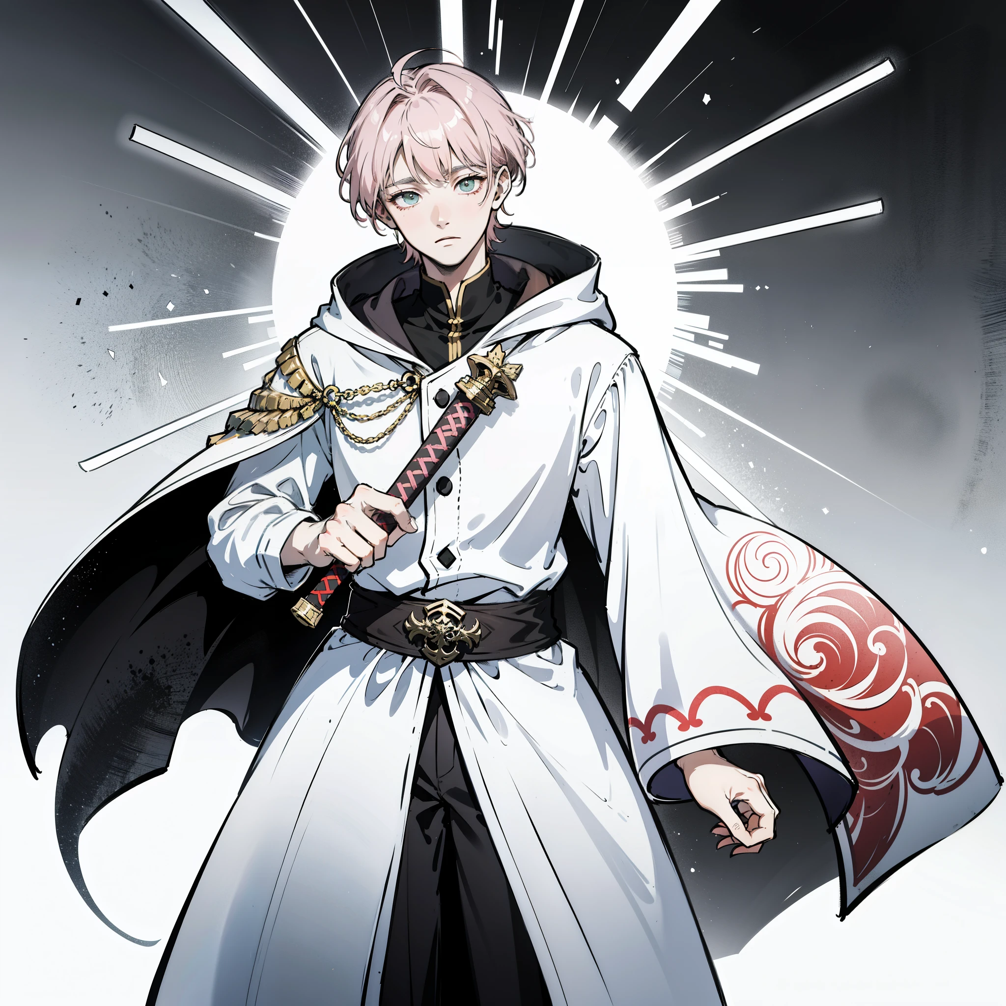 Seventeen-year-old boy，Handsome, fair skin, dark eyes, Height 172cm，light pink hair，M-shaped bangs，emerald eyes，white gray cloak，Carrying a sword on his back，The expression is grim , short hair,,Stand up straight，Hostile
