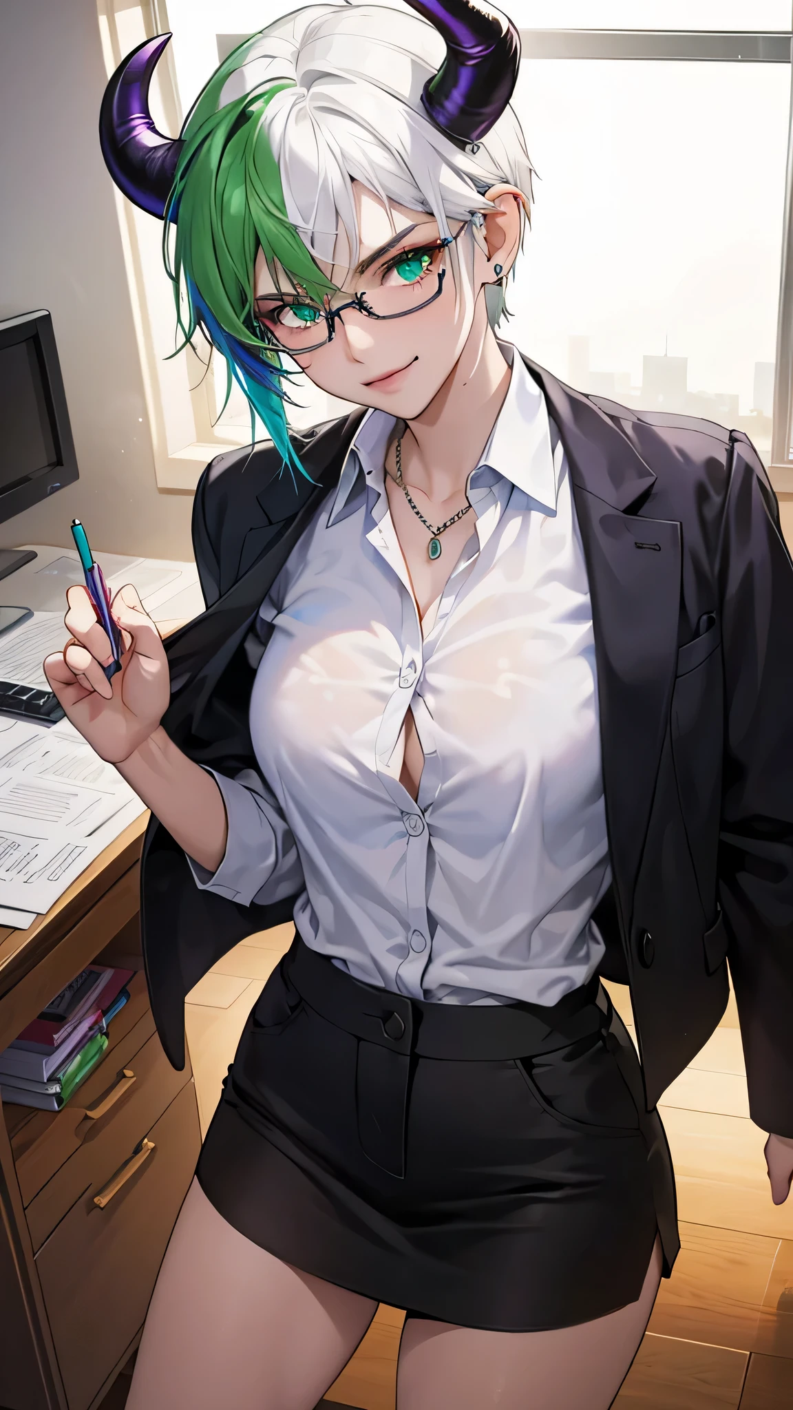 8k, masterpiece, best quality, highly detailed, 1girl, tiefling, multicolored hair, very short straight hair green highlight hair on white hair, strippled hair, wearing glasses, earrings, necklace, mole, glowing green eyes, glamorous, office clothes, high heels, white shirt, miniskirt, office, purple and teal shirt, villainy, smirk, seductive pose, close up view, rings, looking at viewer, demon horns, standing, office lady, pencil, dossier, files.