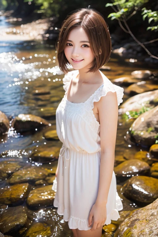 highest quality、Super detailed,、finely、High resolution、detailed and beautiful eyes、short hair、brunette hair、Standing in the creek、19 year old beauty、Shoot to your feet、cute smile、face light