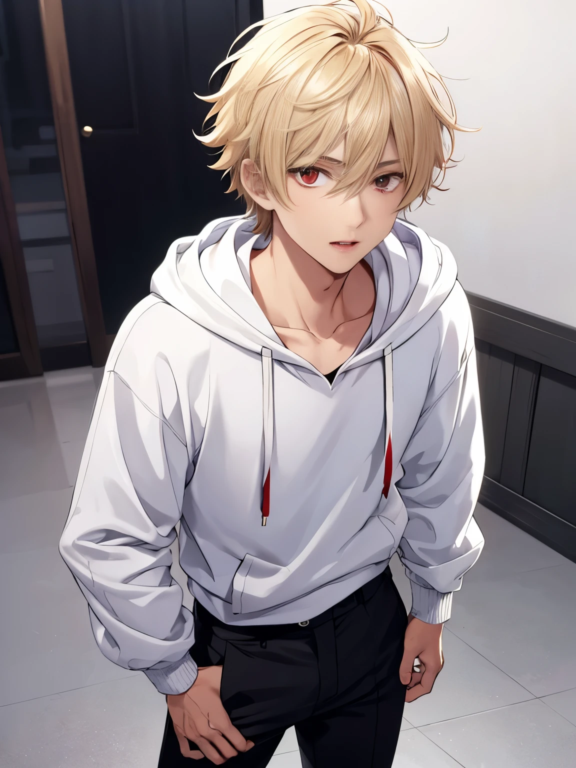 1 boy, guy, handsome, 18 years old, close up photo, standing,Short hair,blonde hair, messy hair, handsome,white hoodie,black trousers,red eyes, vampire, ultra detail, ultra HD, masterpiece, best quality