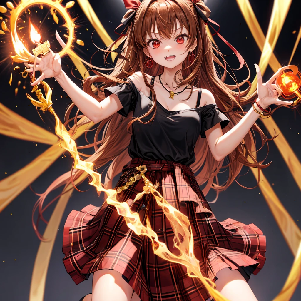 reddish-brown golden hair、red eyes、one good looking girl、solo、anime、plaid mini skirt、black camisole、black t-shirt、dress、wearing a ribbon、ribbon at waist、crystal earrings、jewelry necklace、Light and shadow、tilting one's face、teeth are visible、pillar、torches、evil looking face、Kuroko