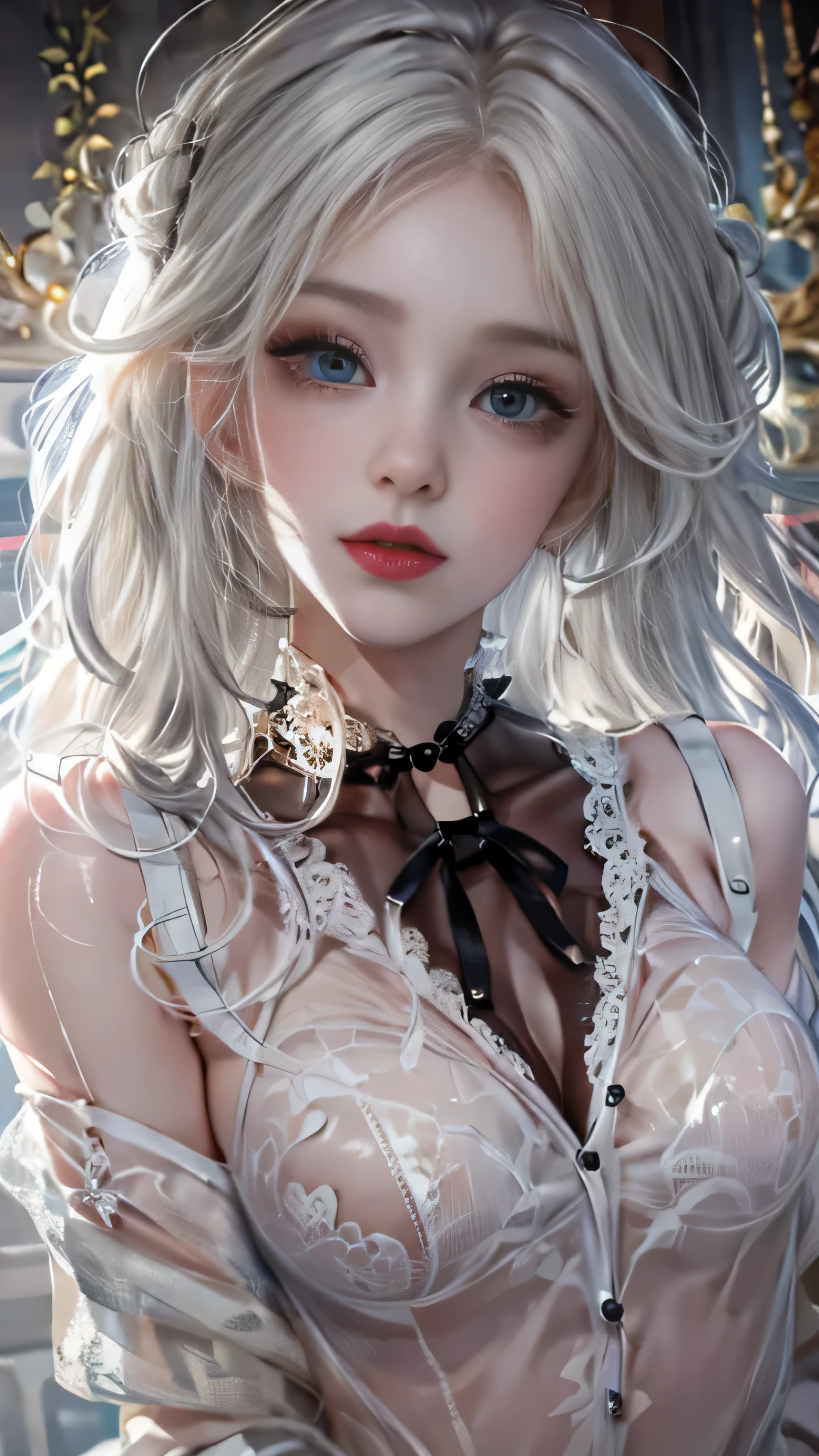 girl portrait photography, realistic, High resolution, 1 female, alone, Upper body, beautiful eyes, Close your lips, detailed face, Golden white hair, long hair, collared shirt, black tie,black skirt, pencil skirt,, stockings,(Black lace panties are visible)
