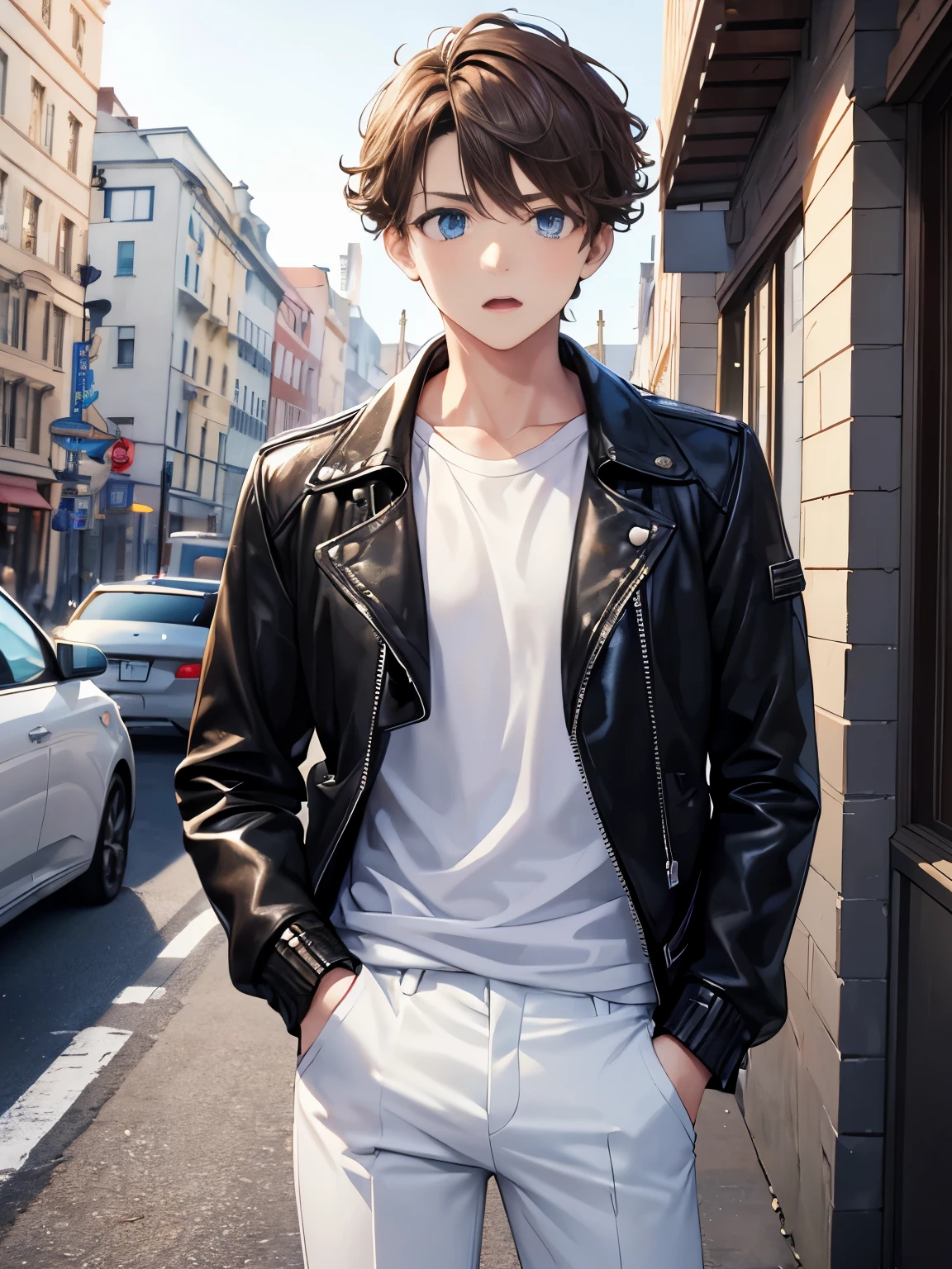 1boy,guy,standing,Facing backwards,shocked expression, surprised expression,,blue eyes,half body photo,18 years old,Curly hair,medium hair,undercut hairstyle,light brown hair,black jacket,Leather jacket,white t-shirt,white trousers,morning,ultra detail,masterpiece