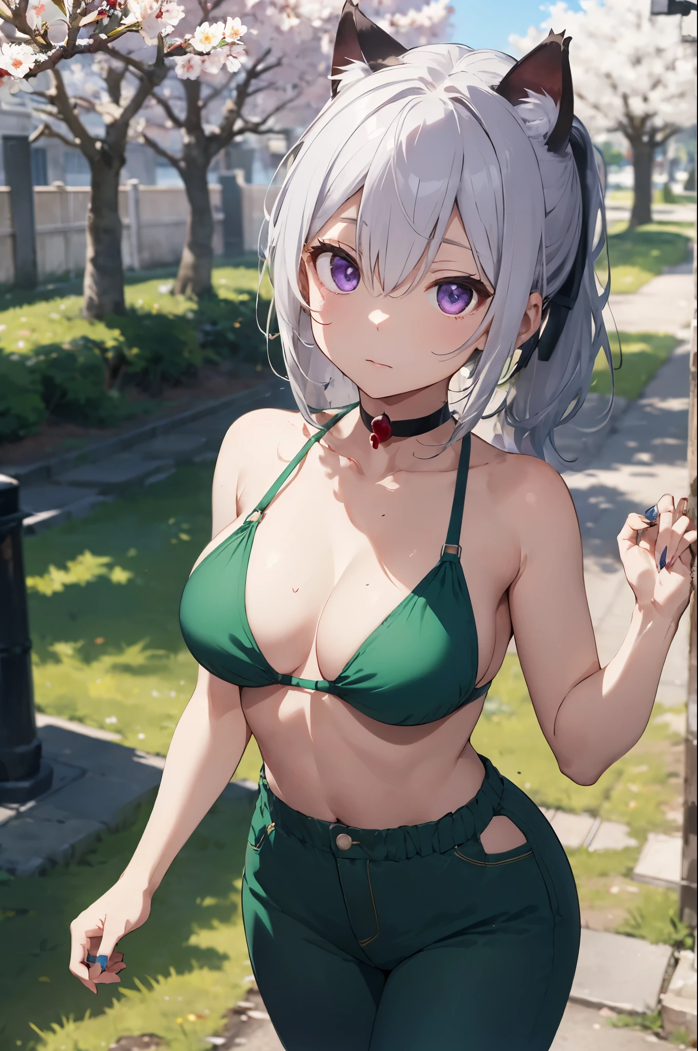 video angle, Depth of written boundary, (looking at the viewer), (right foreground: 1), (standing photo: 1),
cat ears girl, (alone),silver hair,(white skin:1), (Curvaceous:1.2), (wide hips:1.1), cat ears girl,
(cherry tree background), (cherry tree background: 1.4), (cherry tree background: 1.4),
(green clothes), (bare shoulders, Green Micro Bikini), (T-back pants: 1.2), sharp nails, Detailed corners, choker, thigh boots,
(ponytail, hair between eyes), (silver hairの), (purple eyes), (big breasts: 1.2),
No expression, stunned, sleepy,
seaweed, seaweed, seaweed, seaweed, seaweed, seaweed, seaweed, seaweed