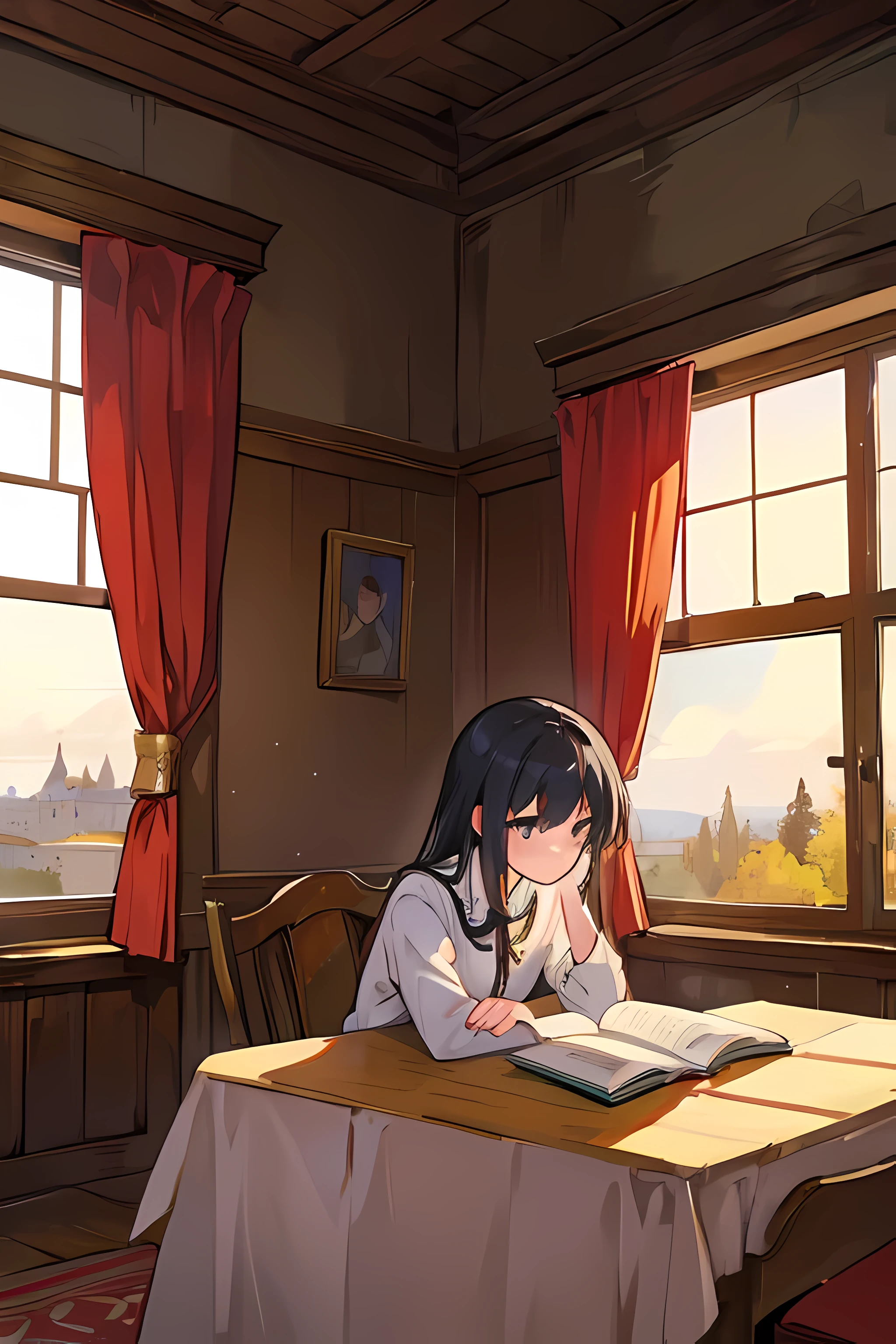 girl profile Far away Reading in a Western-style castle room