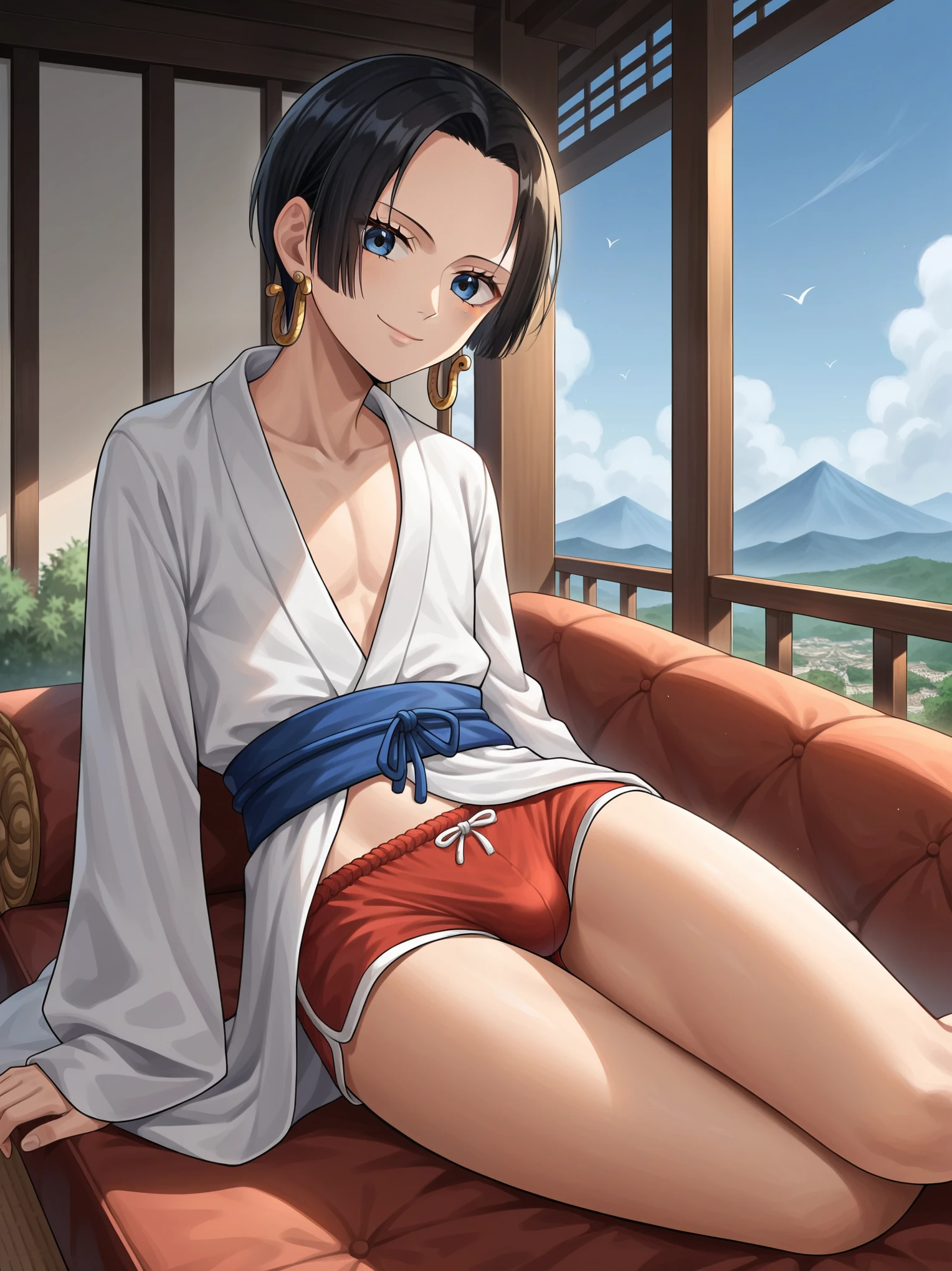 source_anime,score_9,score_8_up, score_7_up, 1boy,solo,outdoors,one piece, boa hancock, couch, indoors, seductive, face closeup, ((closed mouth)), smirk, thighs, long shot, balcony, mountain and riverbackground, fancy, white couch, laying, leaning, front view, red underwear, shorts with rope outline, white robe, genderswap, genderbend, bulge, genderbend ftm, ftm, short hair, femboy, Japanese rope underwear, shota, young, very young, aged down, lole, tiny, 