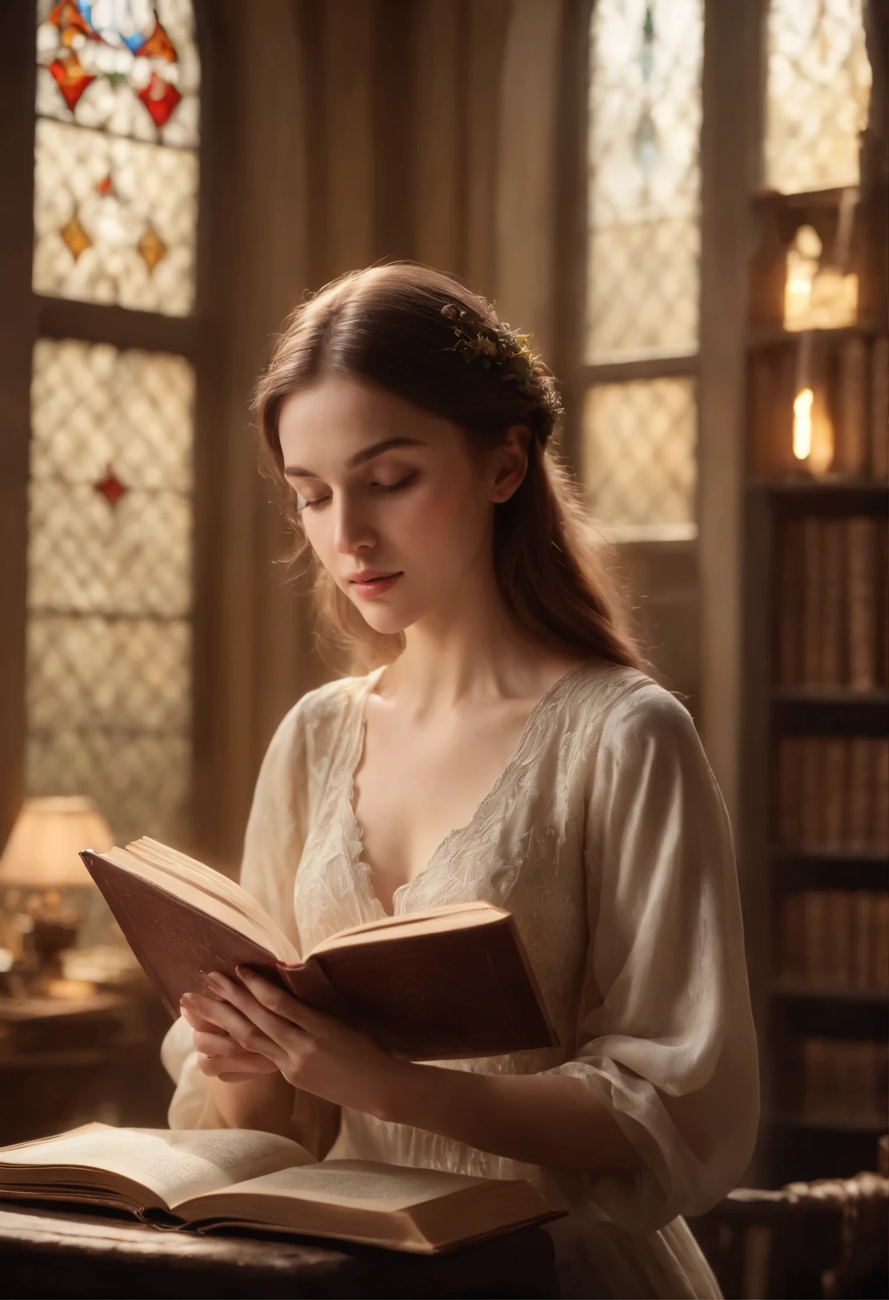 (a girl,woman,lady) reading a book,(medieval,ancient) scenery,page(turning,flipping),book pages,medieval garden,enchanted atmosphere,fantasy setting,(mysterious,magic) book,title illuminations,flower petals falling,soft candlelight,warm reading nook,dimly lit surroundings,(intricate,detailed) book cover,vibrant colors,elaborate bookmark,delicate engravings,faint fragrance of old paper,morning sunlight streaming through stained glass window,peaceful silence,bookshelves filled with ancient tomes,quill pen and inkwell on a nearby desk,wisps of knowledge floating in the air,tranquil expression,serene atmosphere,dreamlike ambiance,soft murmurs of distant conversations+(best quality,4k,8k,highres,masterpiece:1.2),ultra-detailed,(realistic,photorealistic,photo-realistic:1.37),HDR,UHD,studio lighting,ultra-fine painting,sharp focus,physically-based rendering,extreme detail description,professional,vivid colors,bokeh,portrait,luxurious color palette,golden lighting.