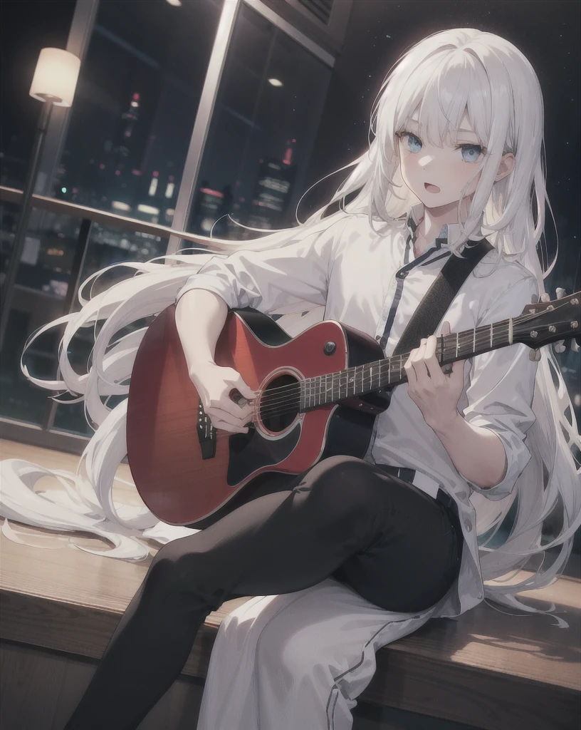 young boy,man,long hair,white hair,blue eyes,white dress,black pants,Karaoke room,sitting and singing,nighttime,realistic,4k,charming,very detailed,thin,