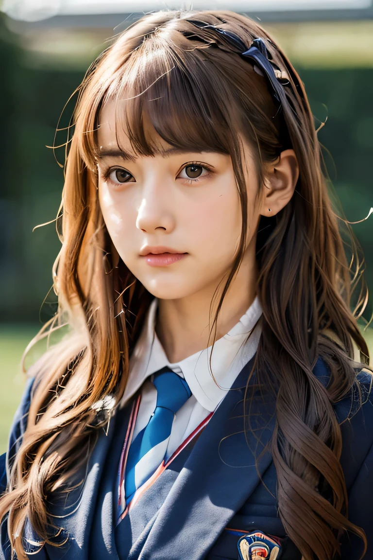 high school girl big breasts beautiful girl chestnut hair long Sadness Doll style uniform navy blazer red tie No bangs